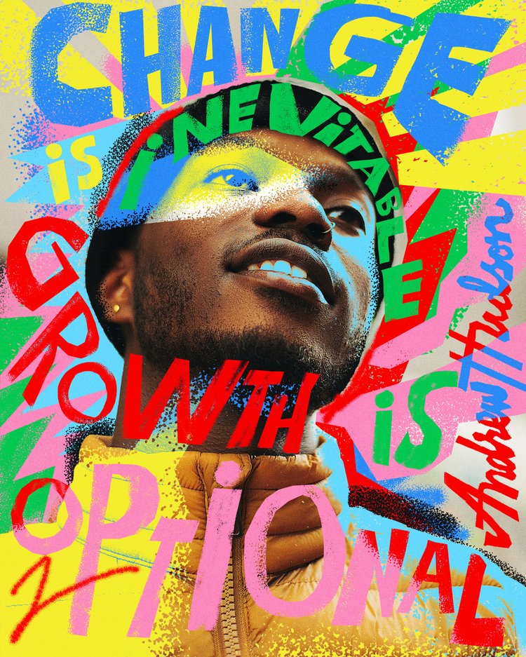 Digital portrait artwork combining a photograph of a man's face with bold, overlaid hand-drawn typography and graphic elements in bright yellow, blue, red, green, and pink.