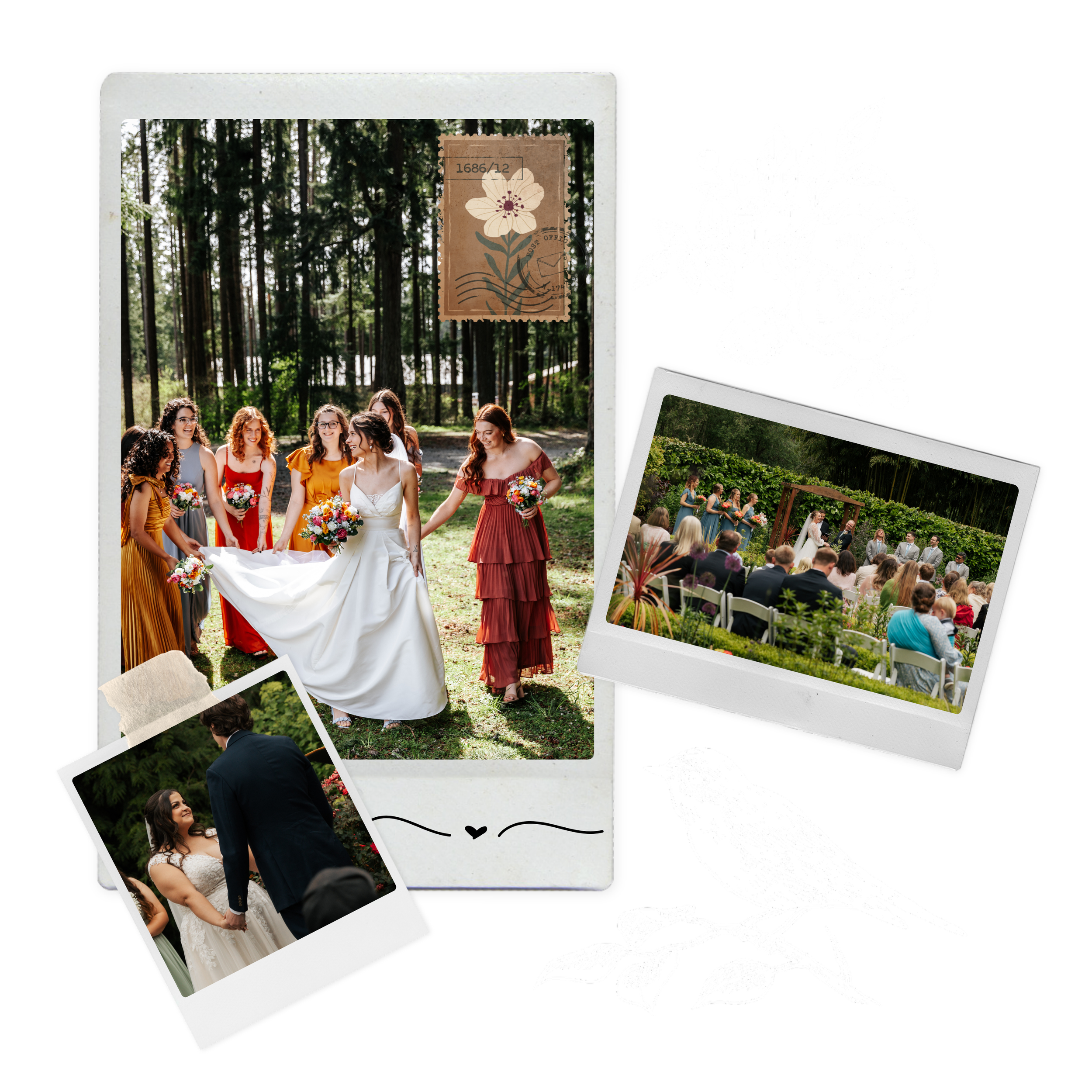 Collage of wedding photos featuring a bride with bridesmaids, a wedding ceremony outdoors, and a couple exchanging vows, with decorative floral and bird illustrations.
