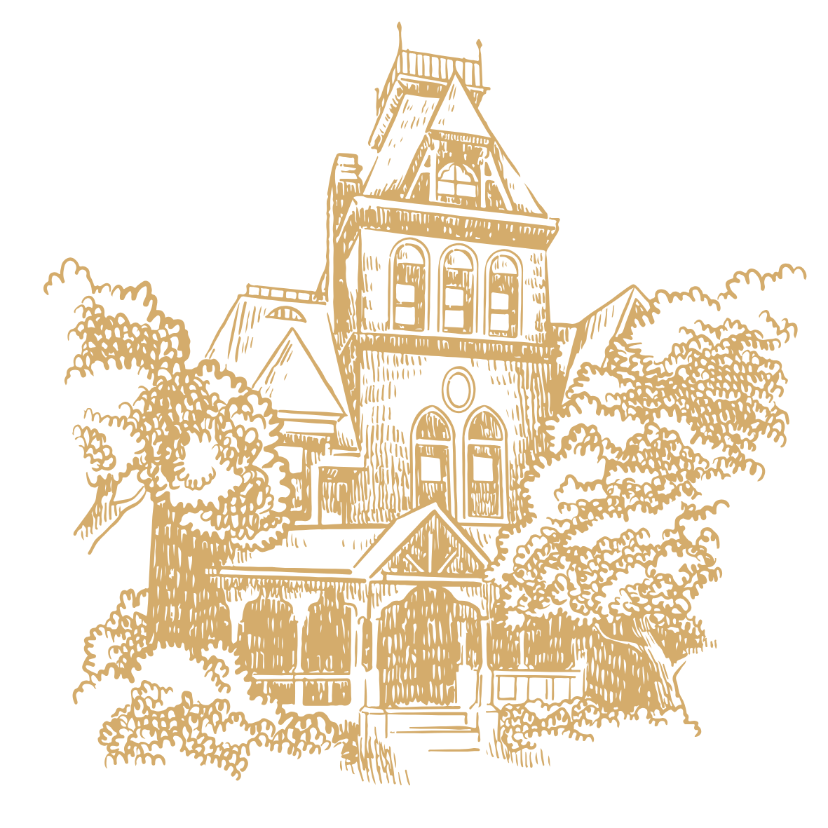 Illustration of a spooky, old Victorian house surrounded by trees, with ornate windows and a steep, gabled roof.