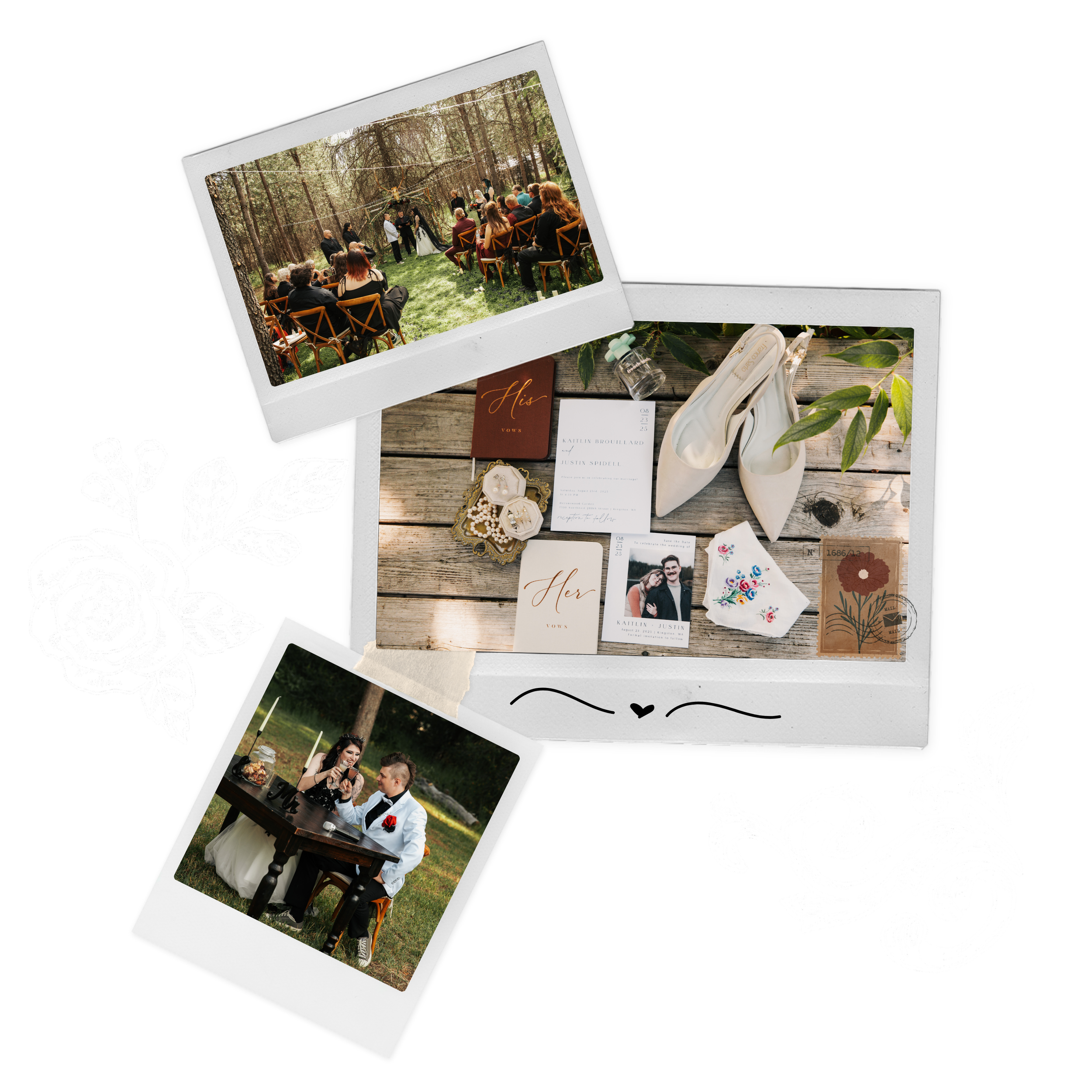 Photographs of a wedding, wedding details, and a wedding scene with guests in a forest setting.