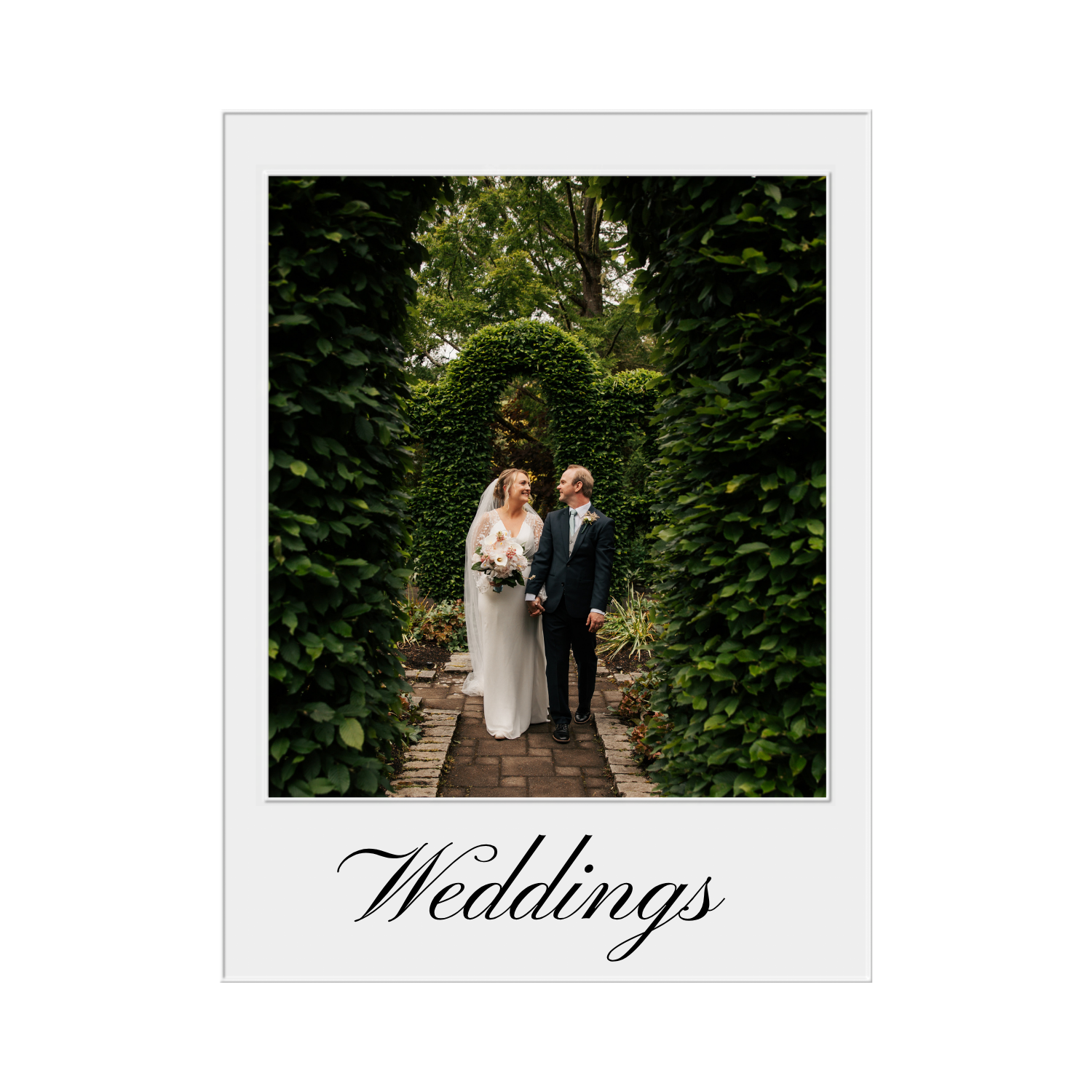 A bride and groom walking hand in hand through a lush garden archway, smiling at each other, with the word 'Weddings' written below the photo.