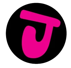 Pink stylized letter 'J' on a black circular background