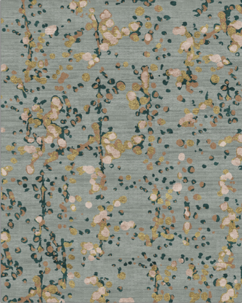 A patterned fabric with abstract splashes and blotches in shades of green, beige, pink, and dark blue on a muted green background.