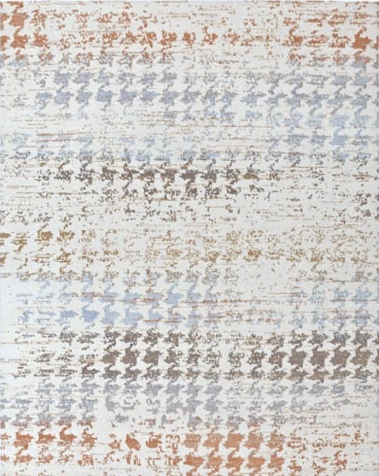 Abstract patterned rug with shades of brown, gray, and light blue resembling houndstooth design.