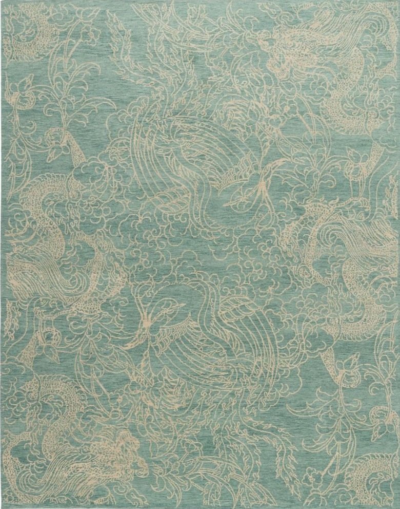 Light blue rug with intricate beige dragon and cloud patterns.