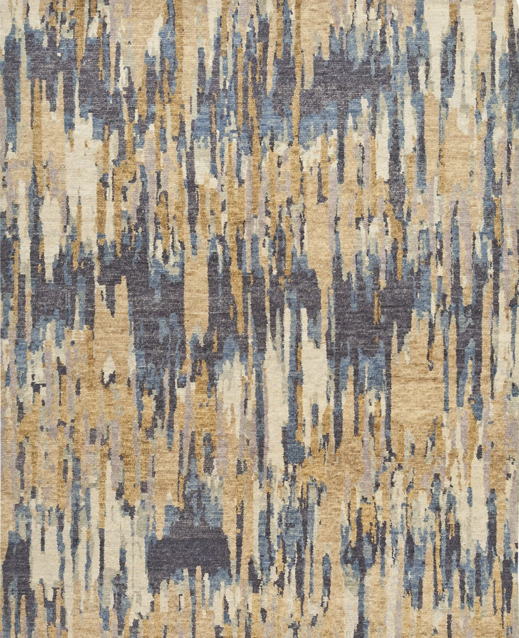 Abstract patterned area rug with blue, beige, gray, and off-white vertical streaks.