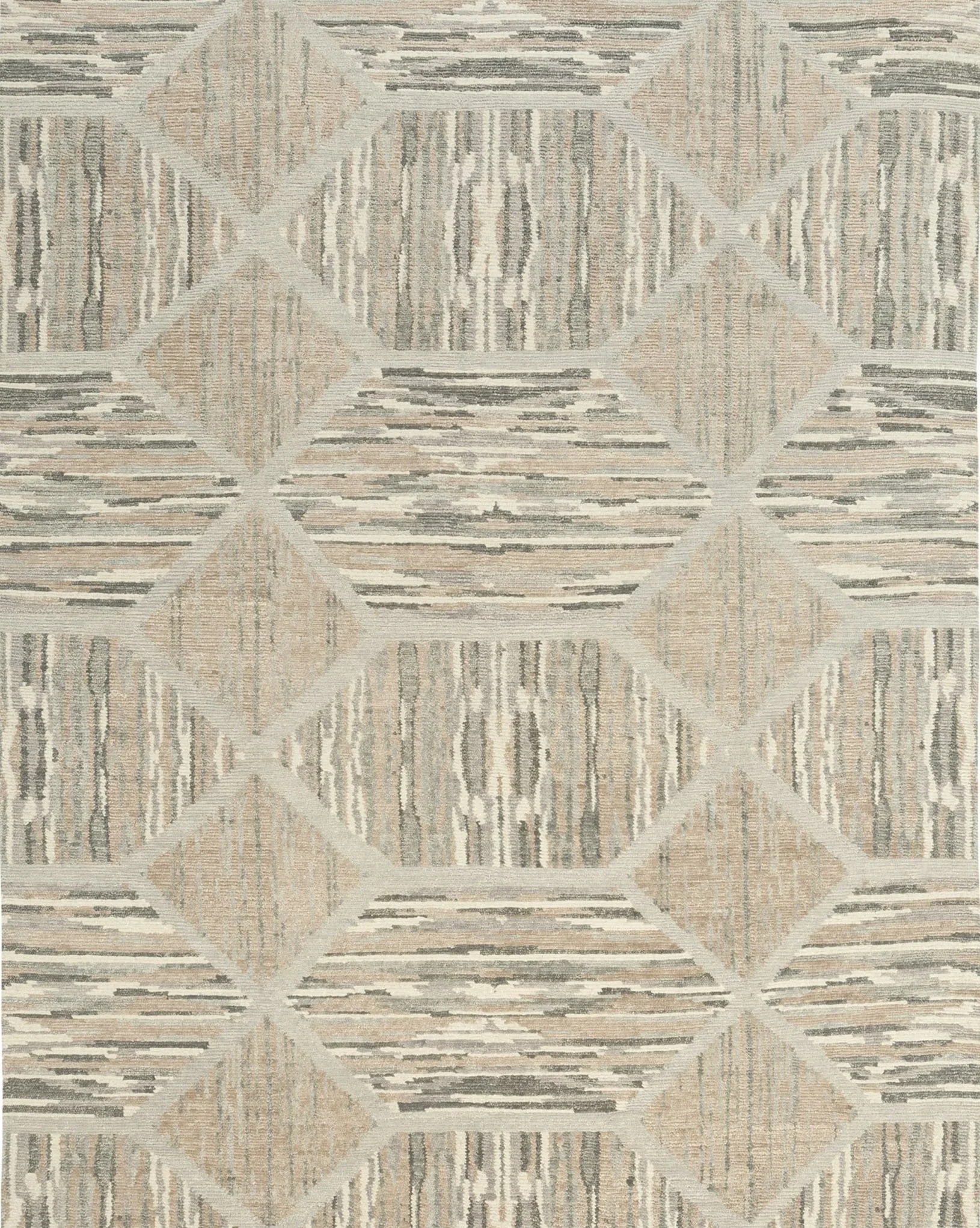 Patterned area rug with geometric diamond shapes and horizontal lines in neutral tones of beige, gray, and cream.