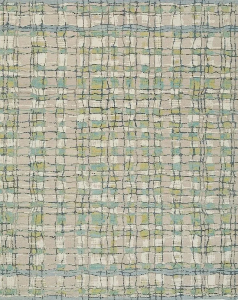 Abstract patterned fabric or textile with irregular grid lines in green, blue, beige, and white tones.