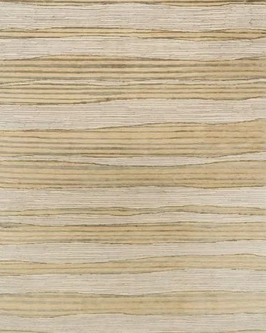 Full-sized image of a cream, yellow, and green rug with a linear horizontal pattern.
