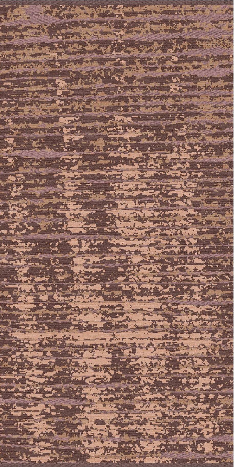 A textured abstract rug with horizontal streaks in shades of brown, pink, and purple.