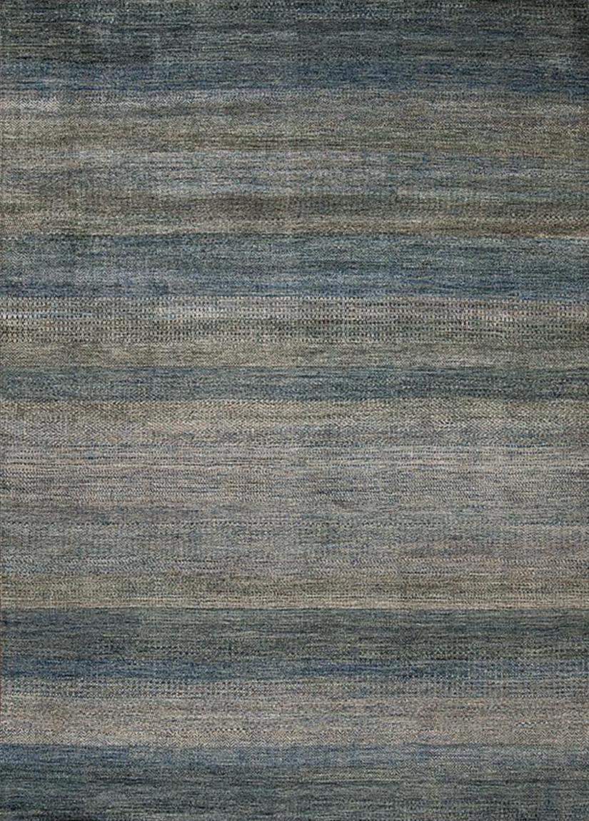 A textured woven fabric with horizontal stripes in shades of blue, gray, and beige.