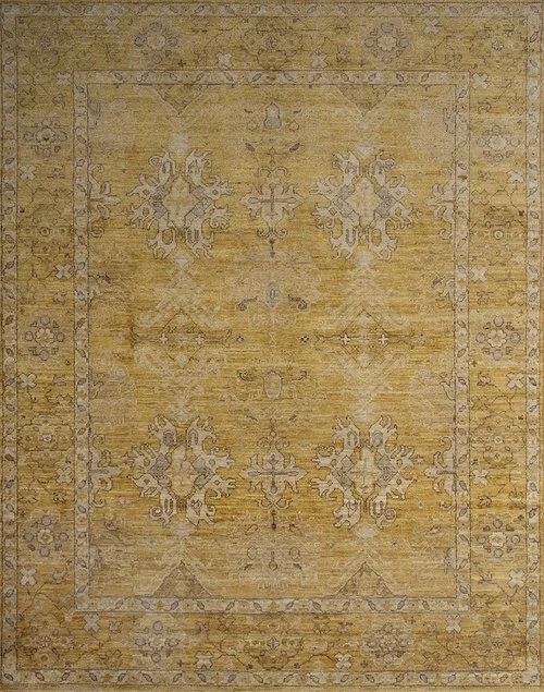 A vintage beige and tan patterned area rug with floral and geometric details.