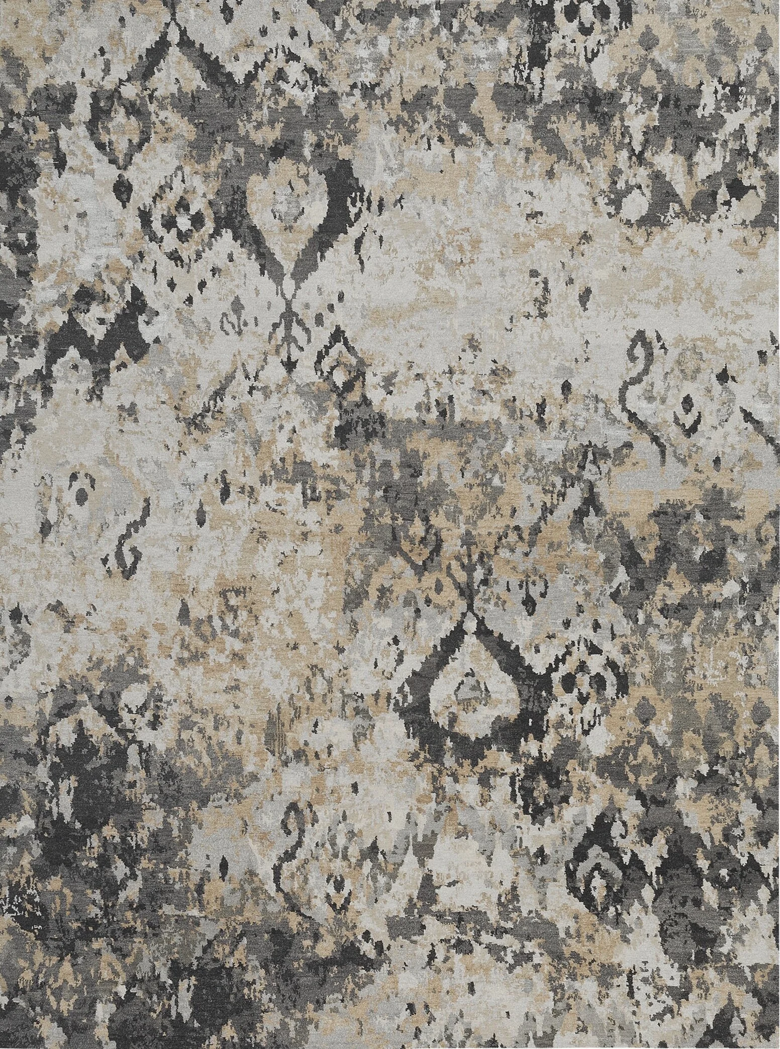 A patterned area rug in shades of beige, gray, and black with intricate motifs.