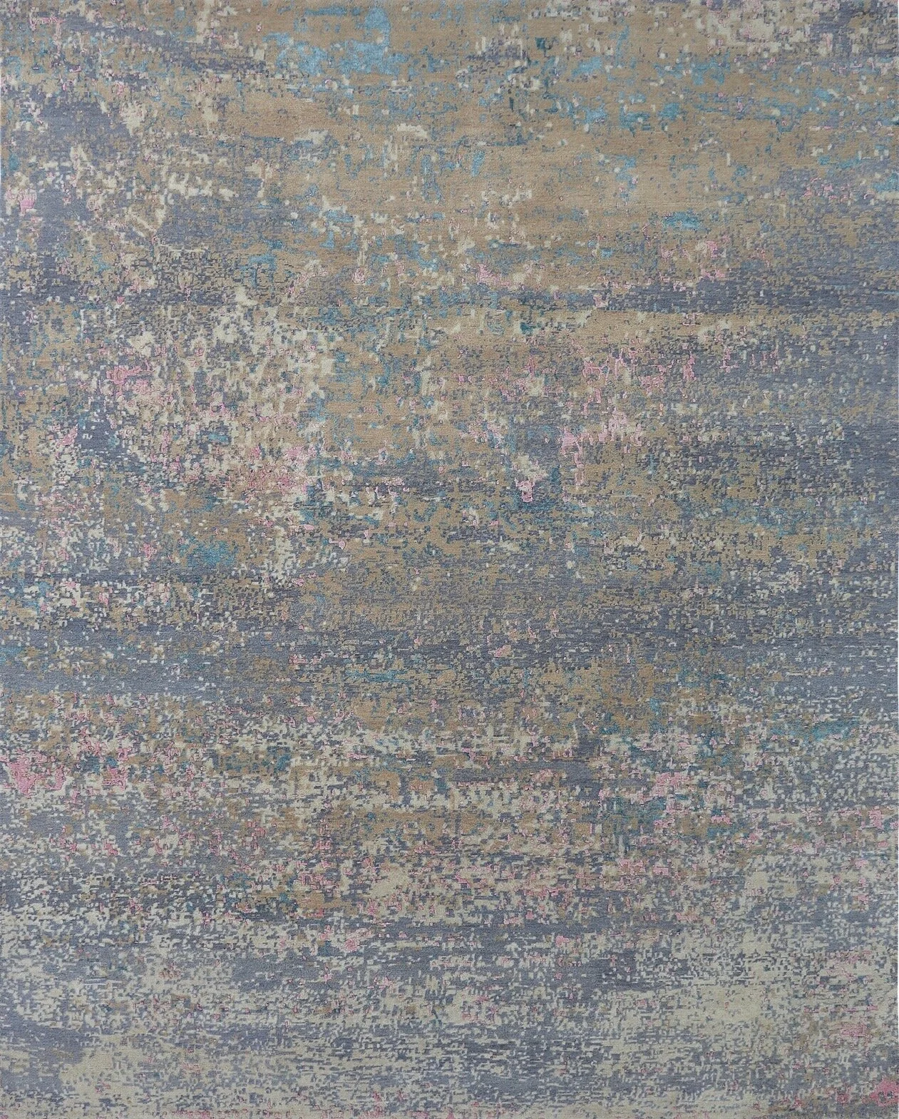A textured, abstract pattern on a fabric or rug with shades of beige, gray, pink, and blue.