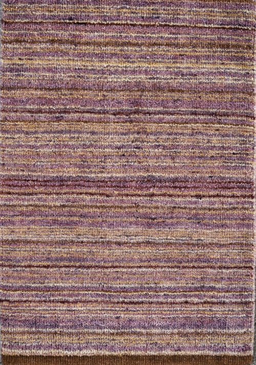A rectangular area rug with multicolored horizontal stripes in shades of purple, pink, yellow, and brown.
