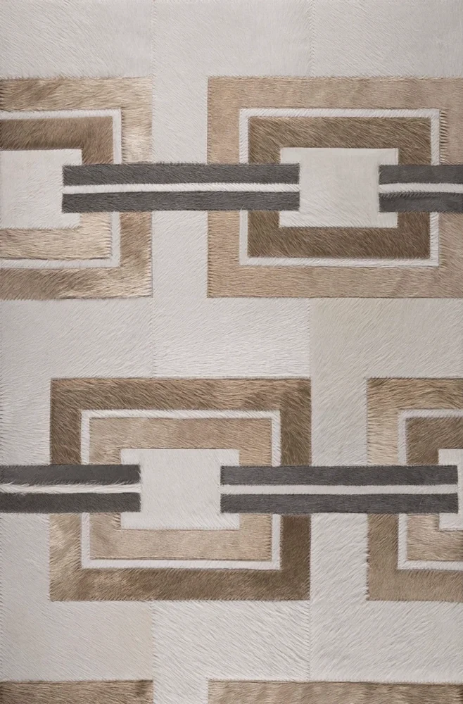A patterned rug featuring overlapping geometric squares and horizontal lines in neutral tones of beige, brown, black, and cream.