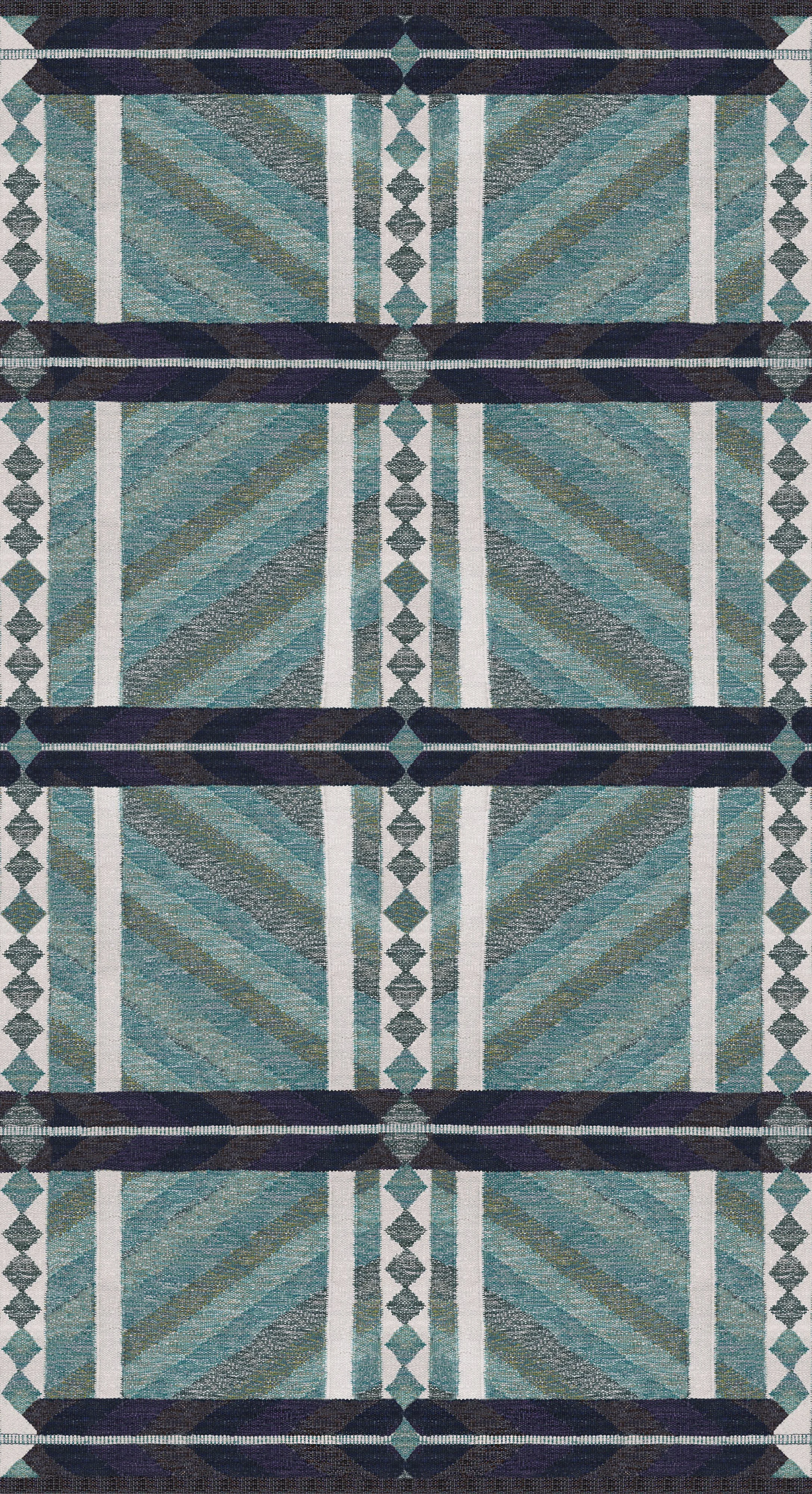 A patterned textile or rug with geometric shapes and diagonal lines in shades of blue, gray, and beige, featuring horizontal dark blue bands.