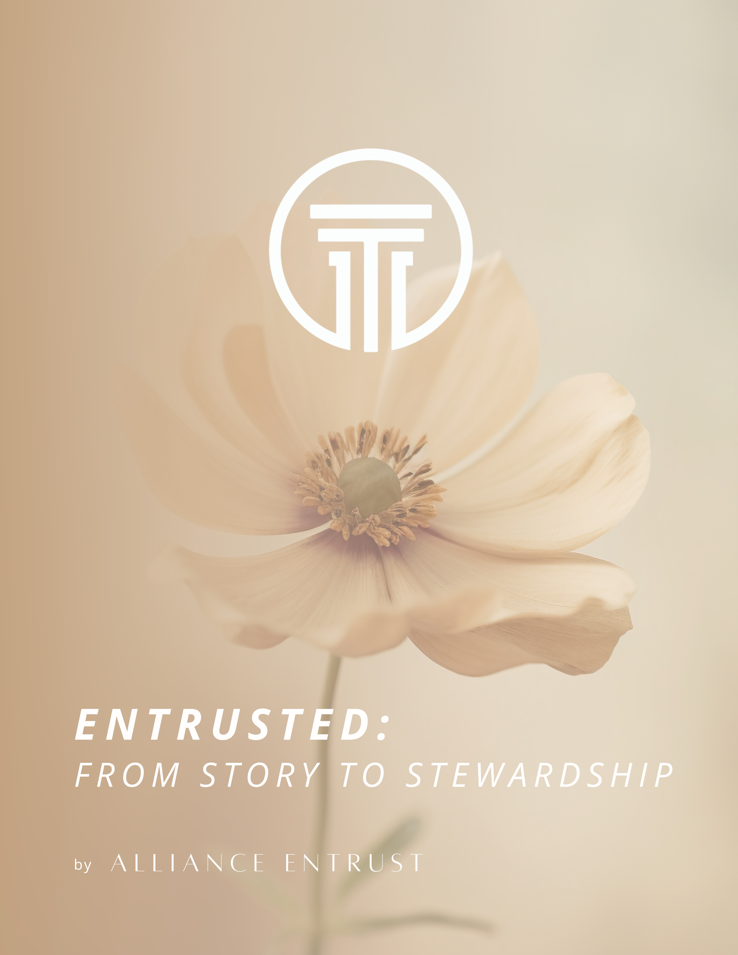 Soft-focus image of light-colored flower with beige and cream petals, overlaid with white logo and text.