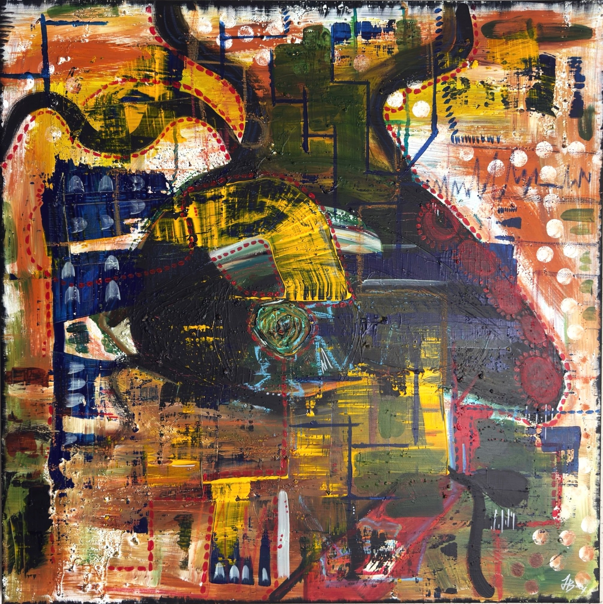 "Blueprint" - Acrylic and oil pastels on canvas -
30in x 30in -
2025