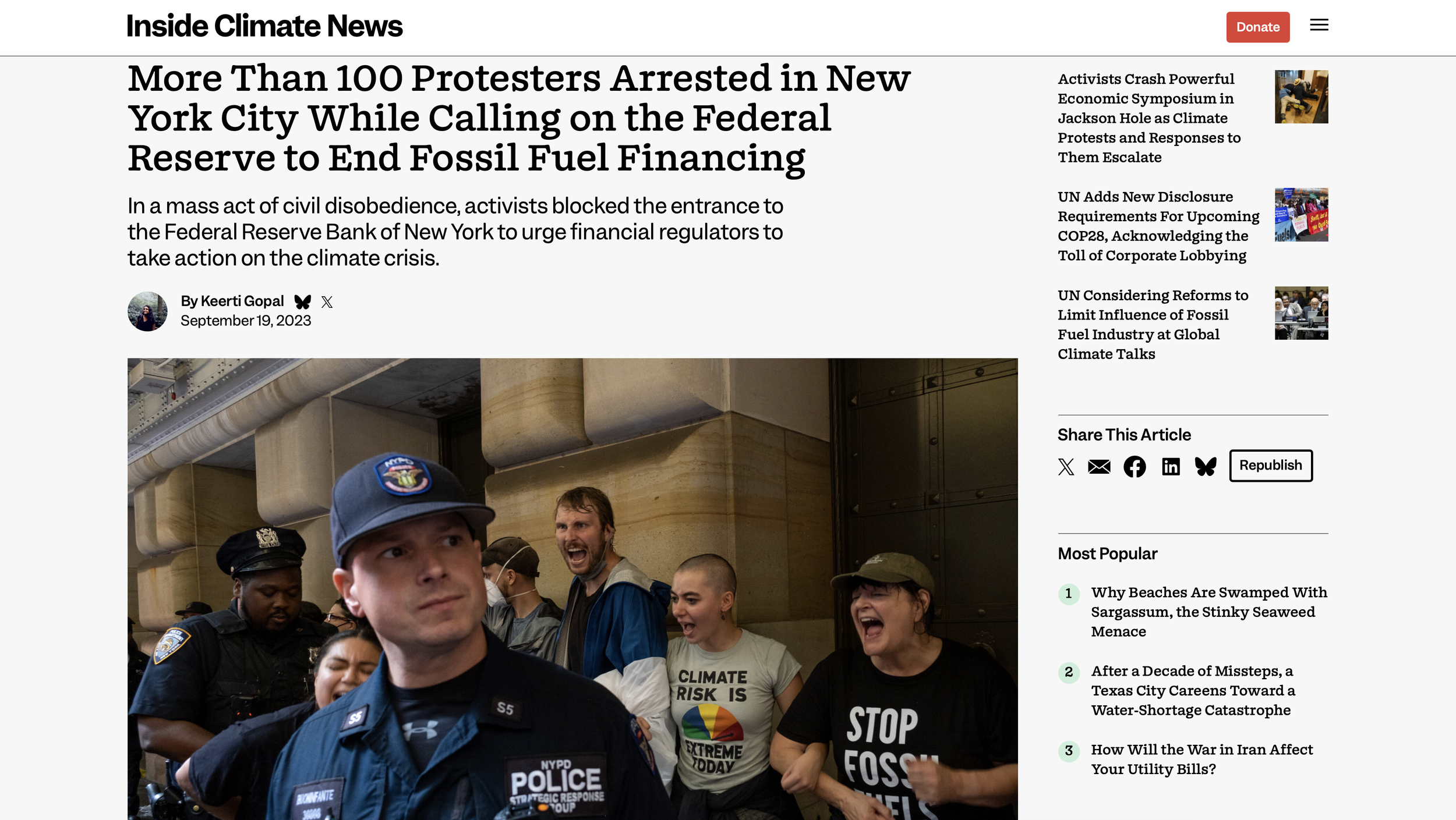 Inside Climate News coverage of 149 people getting arrested outside the New York Fed to demand an end to fossil finance.