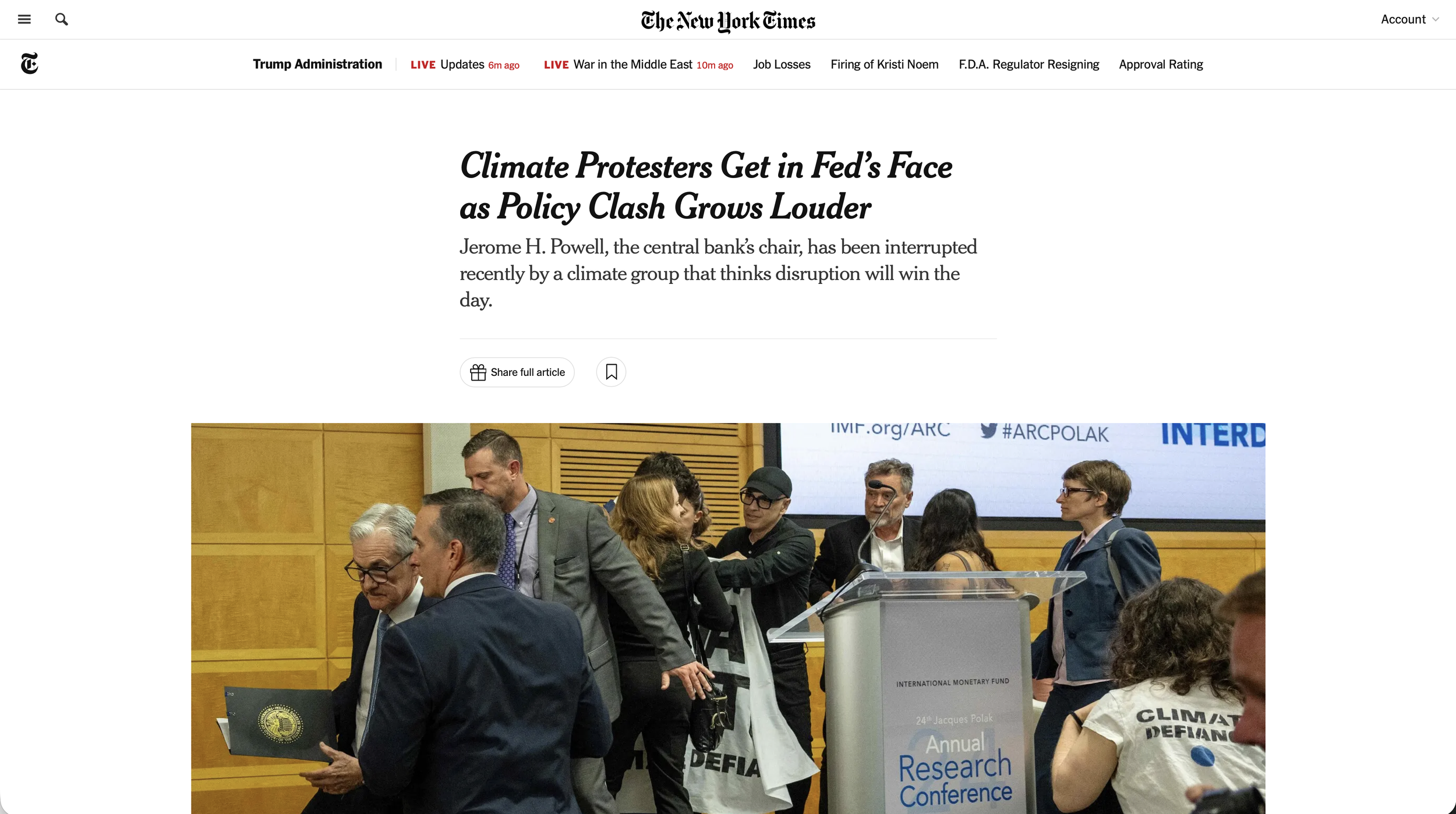 New York Times coverage of Jerome Powell’s climate track record.