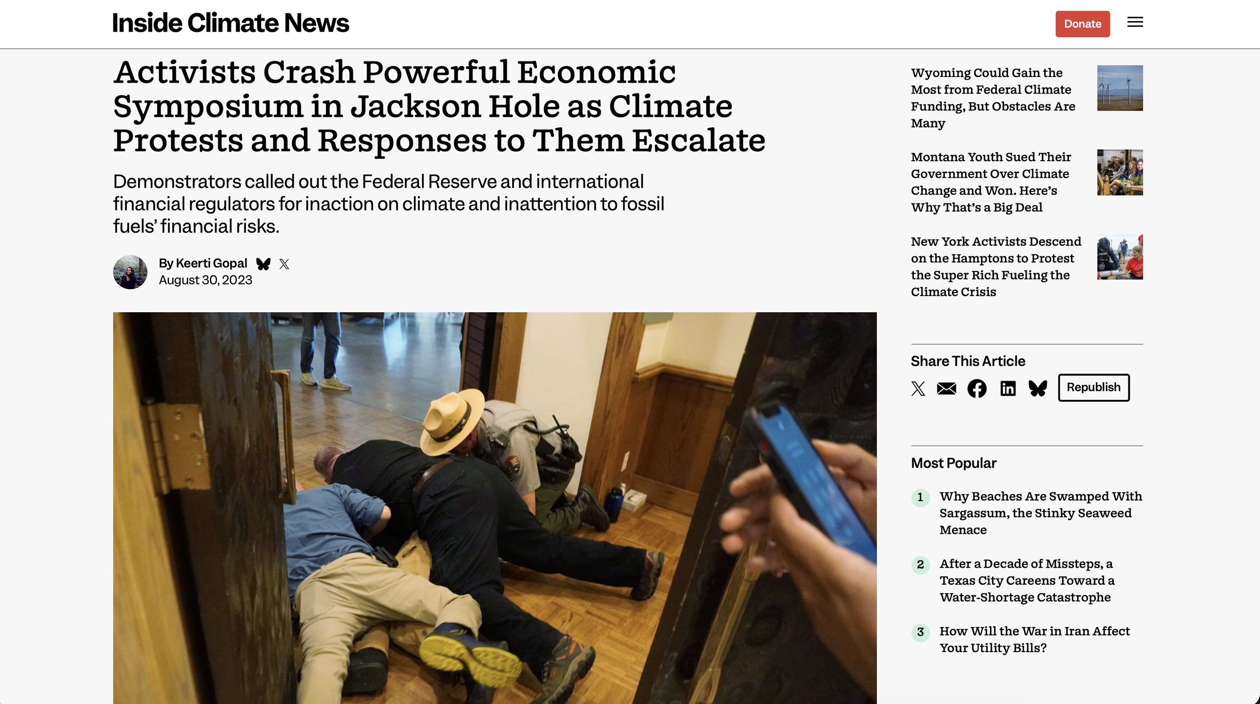 Inside Climate News coverage of brutalisation of climate defenders protesting Jerome Powell at the Federal Reserve’s Jackson Hole Economic Symposium.