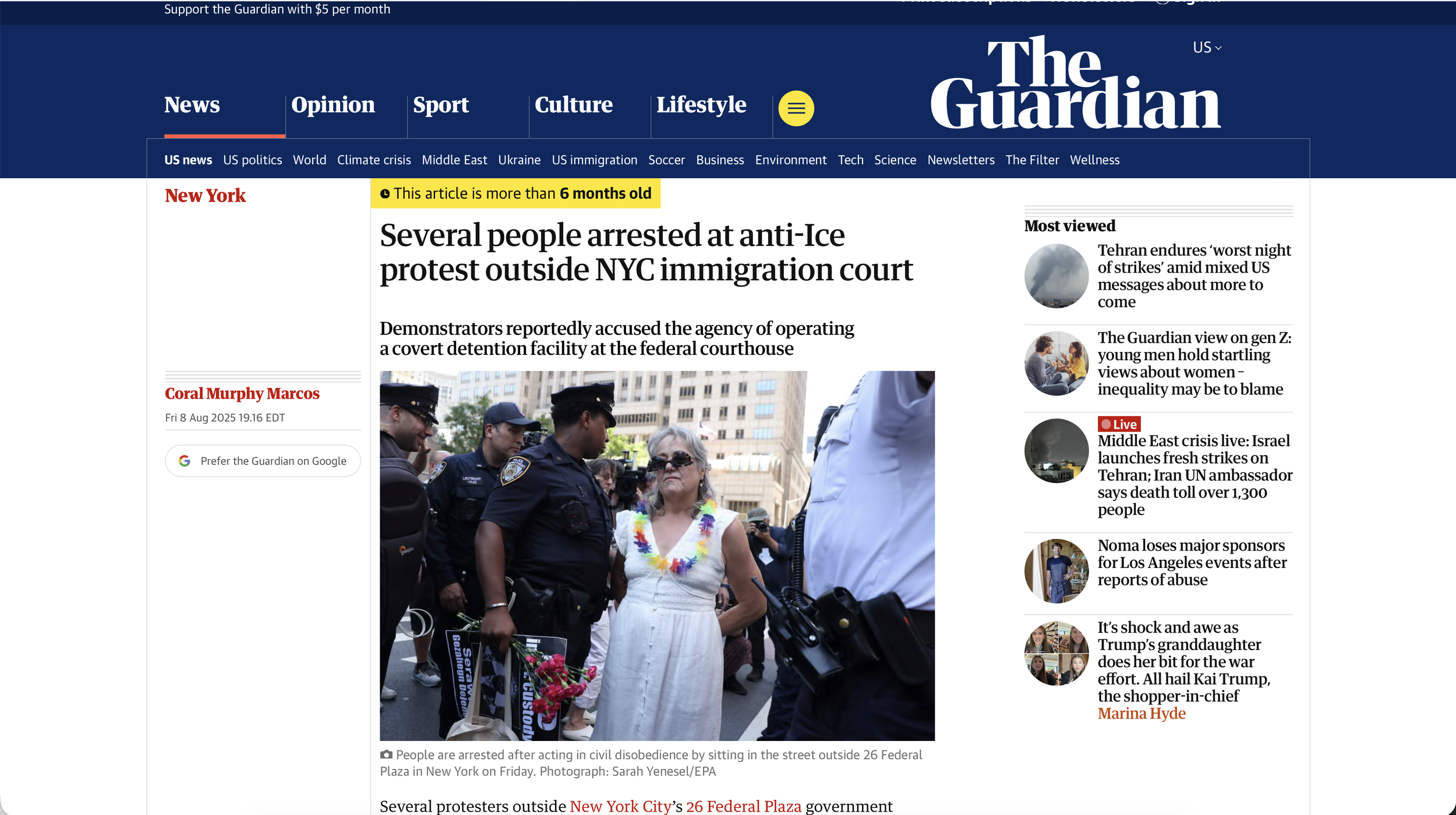 Guardian coverage of anti-ICE civil disobedience at the New York Federal Immigration Courthouse.