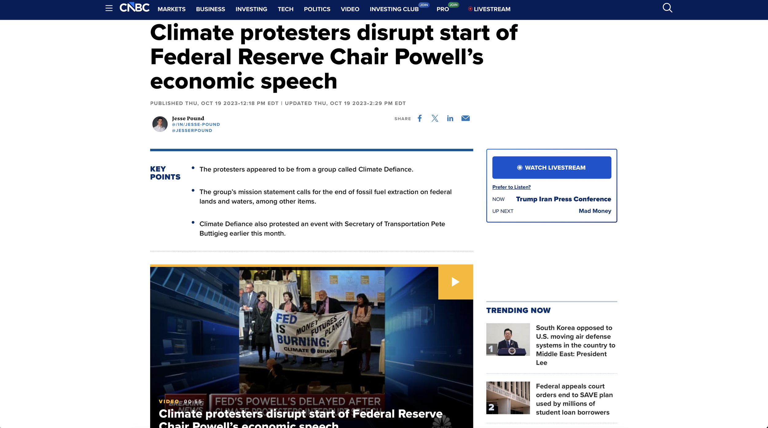 CNBC coverage of protestors disrupting Jerome Powell.