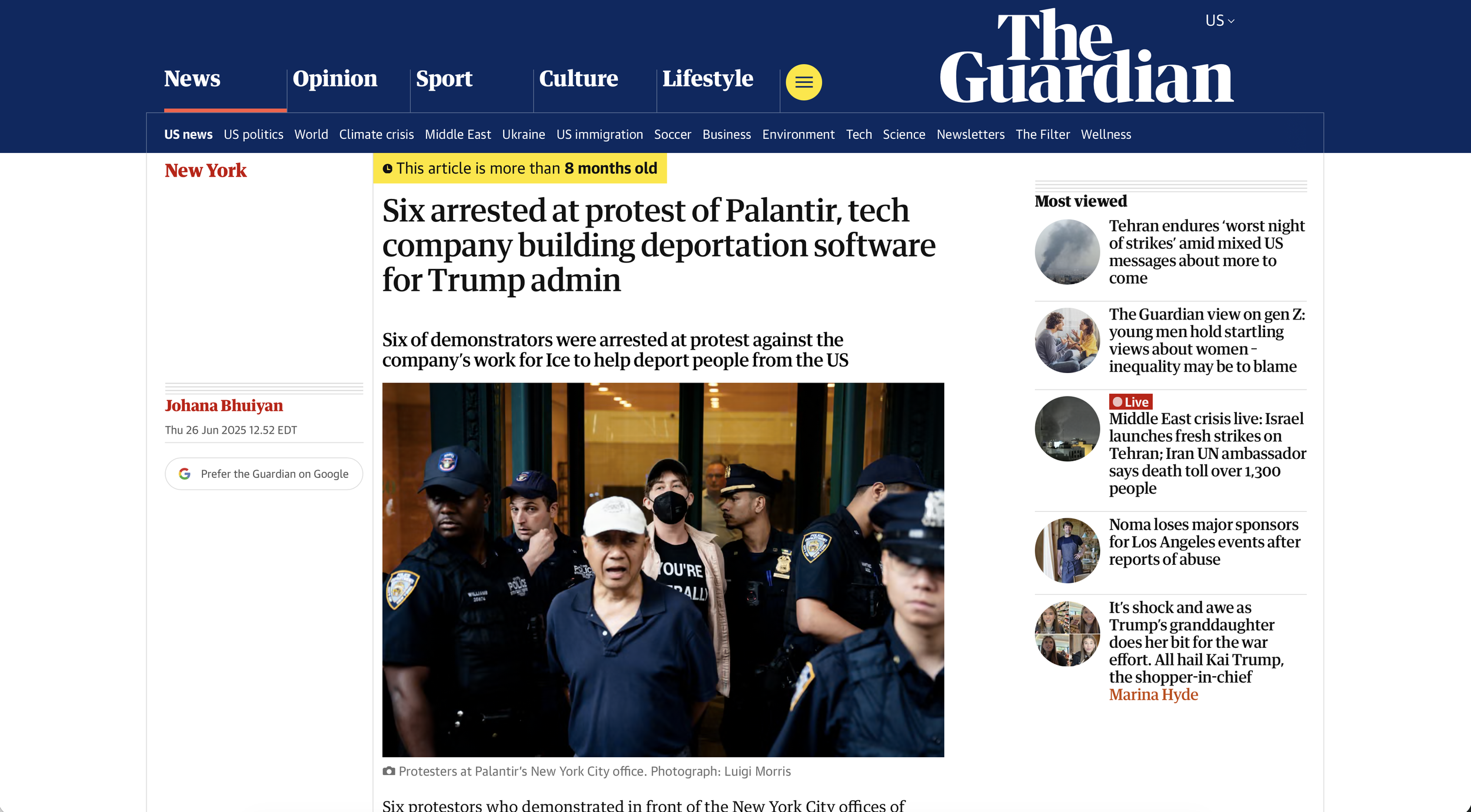 Guardian coverage of civil disobedience targeting Palantir.