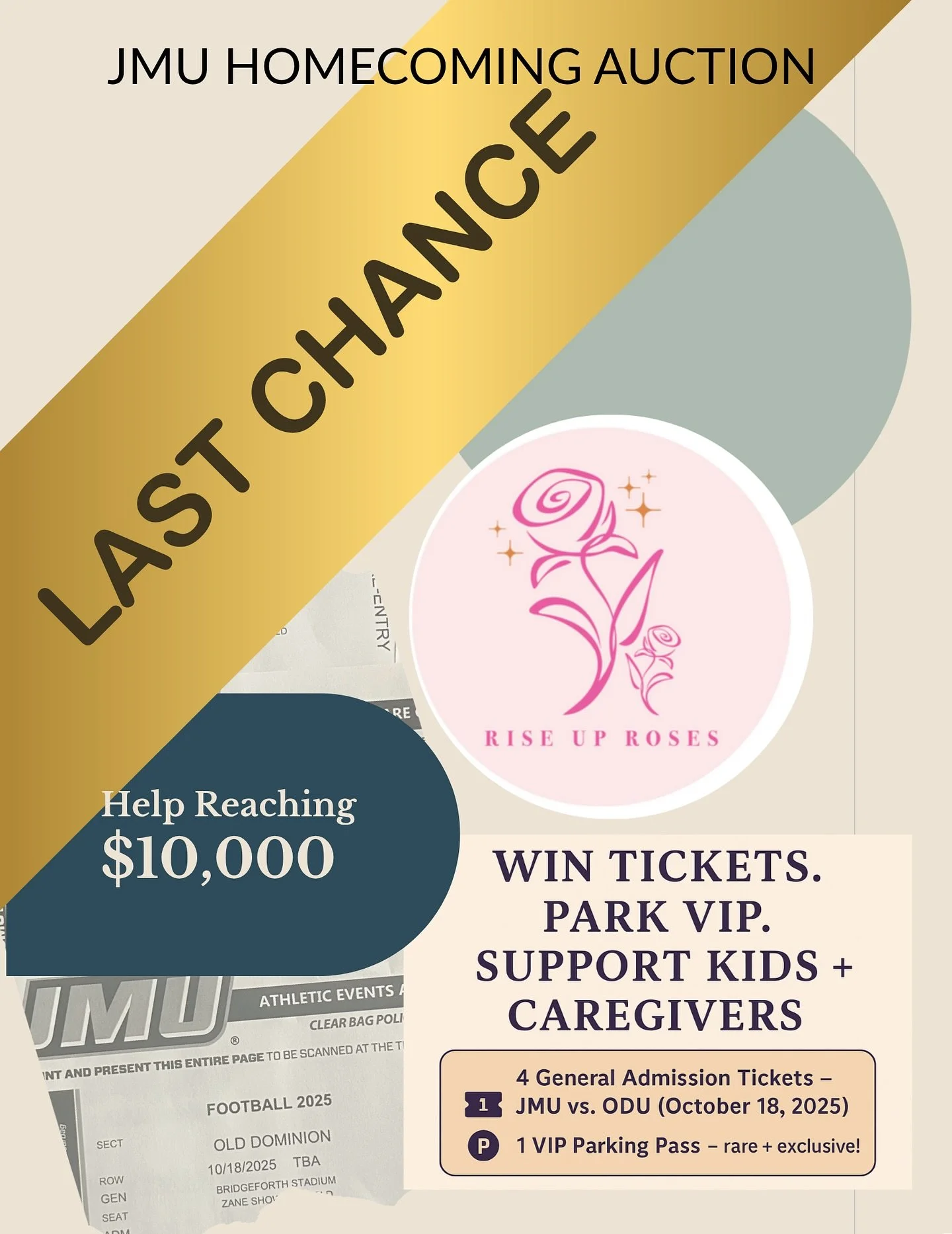 Last call for JMU Homecoming tickets + Parking🌹 Auction closes tonight at 8 PM EST!

Help us bring calm, kindness, and connection to 4,000 kids + families through Rise Up Roses. We&rsquo;re raising $10,000 by December 2026 to reach more schools and 