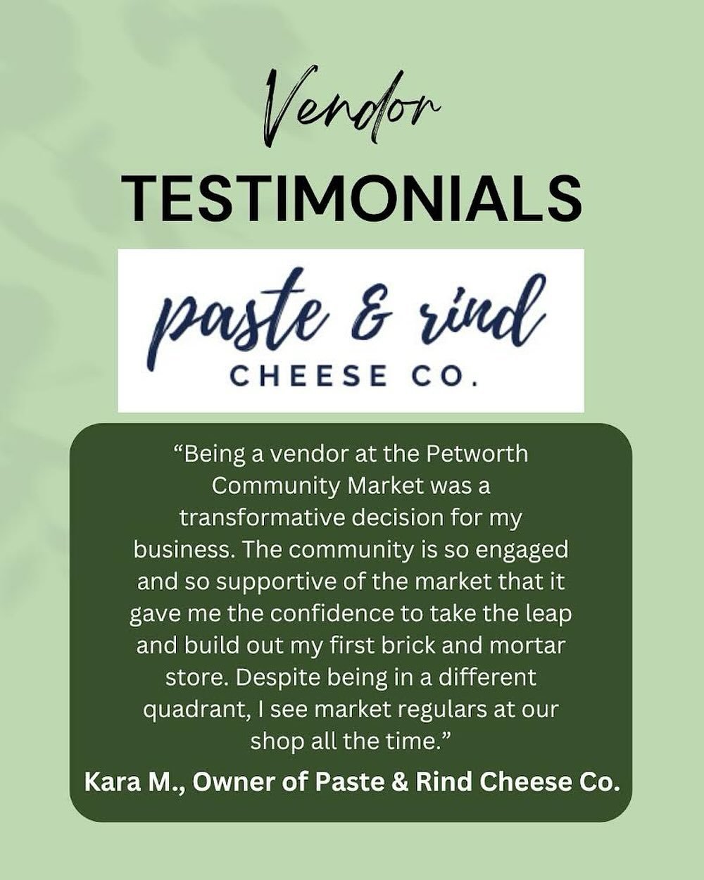 Grateful for the glowing review from one of our amazing vendors, @pasteandrind 🌟 #testimonialtuesday #petworth #farmersmarket #washingtondc