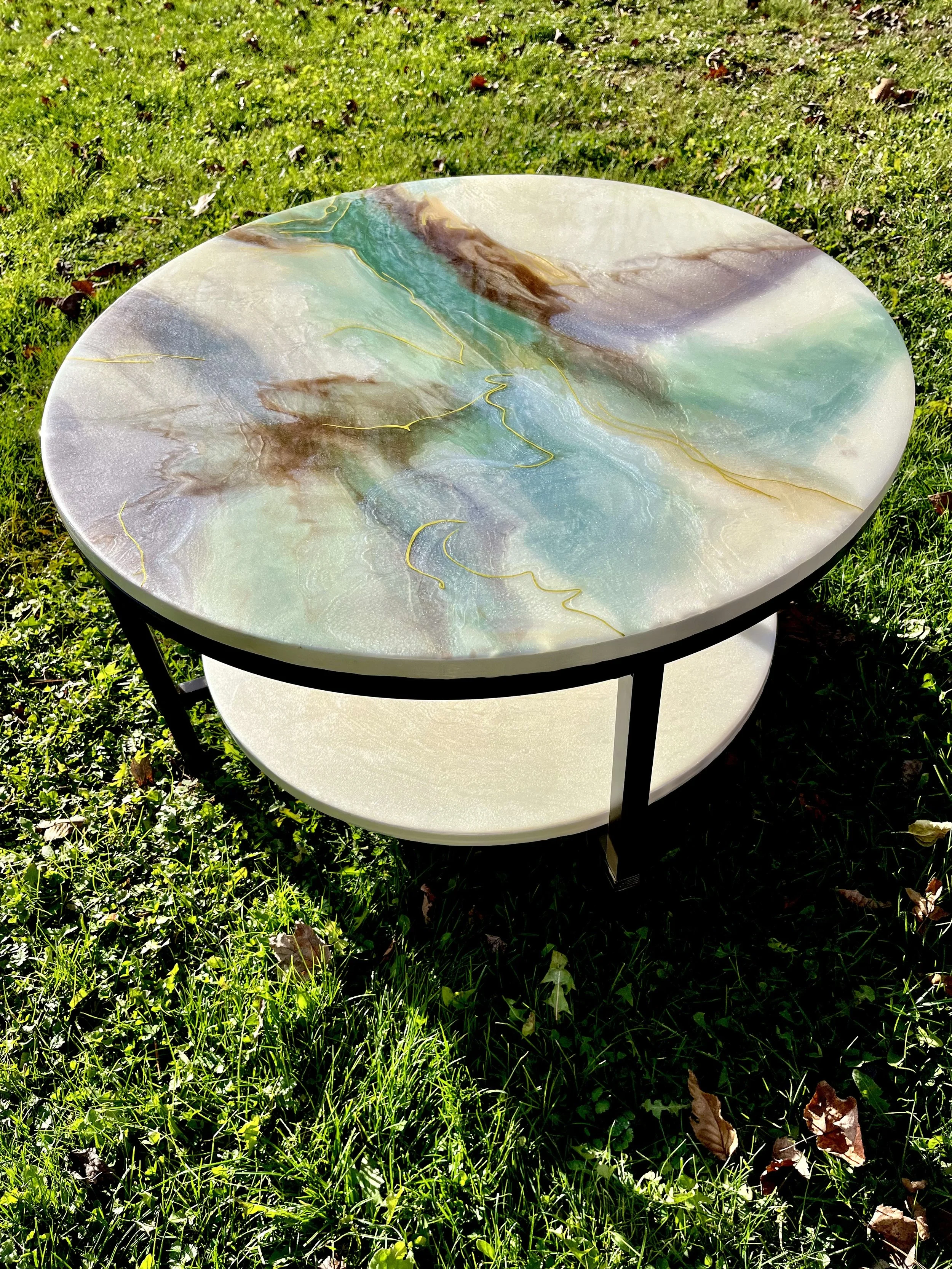 White and Green Bi-level Epoxy End Table