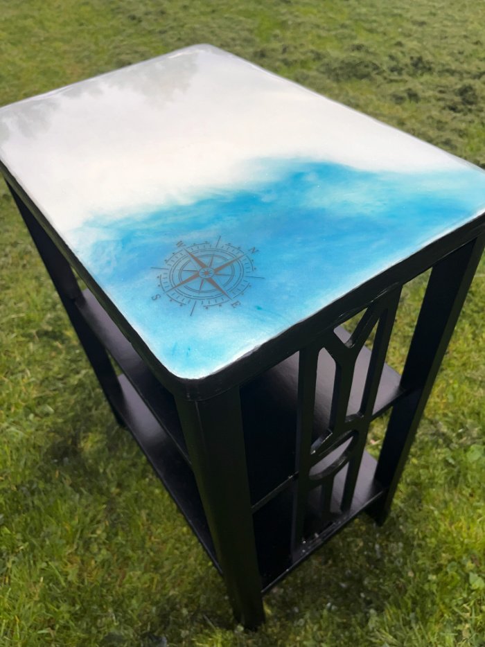 Wanderlust themed White and Blue Epoxy End Table-Front Angle
