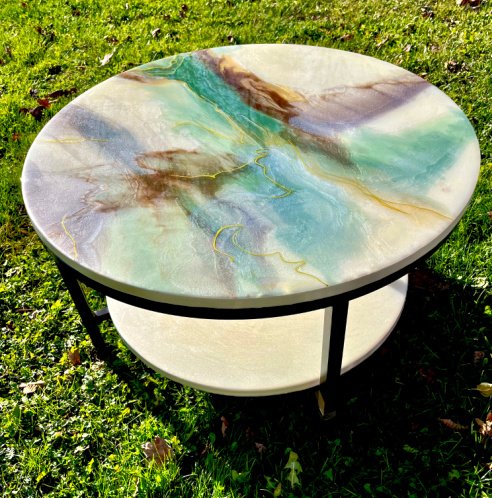 White and Green Bi-level Epoxy End Table