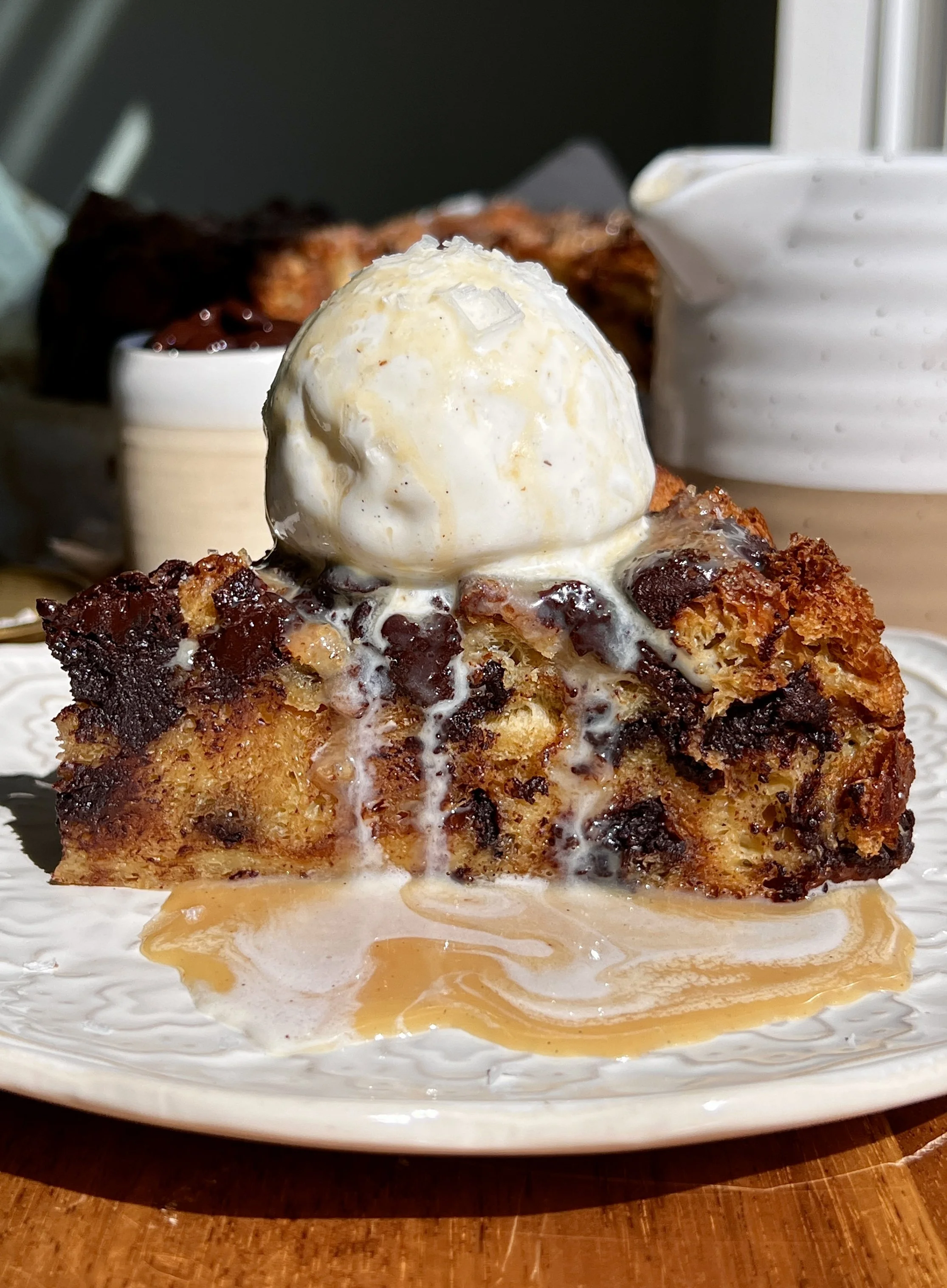 Chocolate Chip Bread Pudding with Butter Rum Sauce