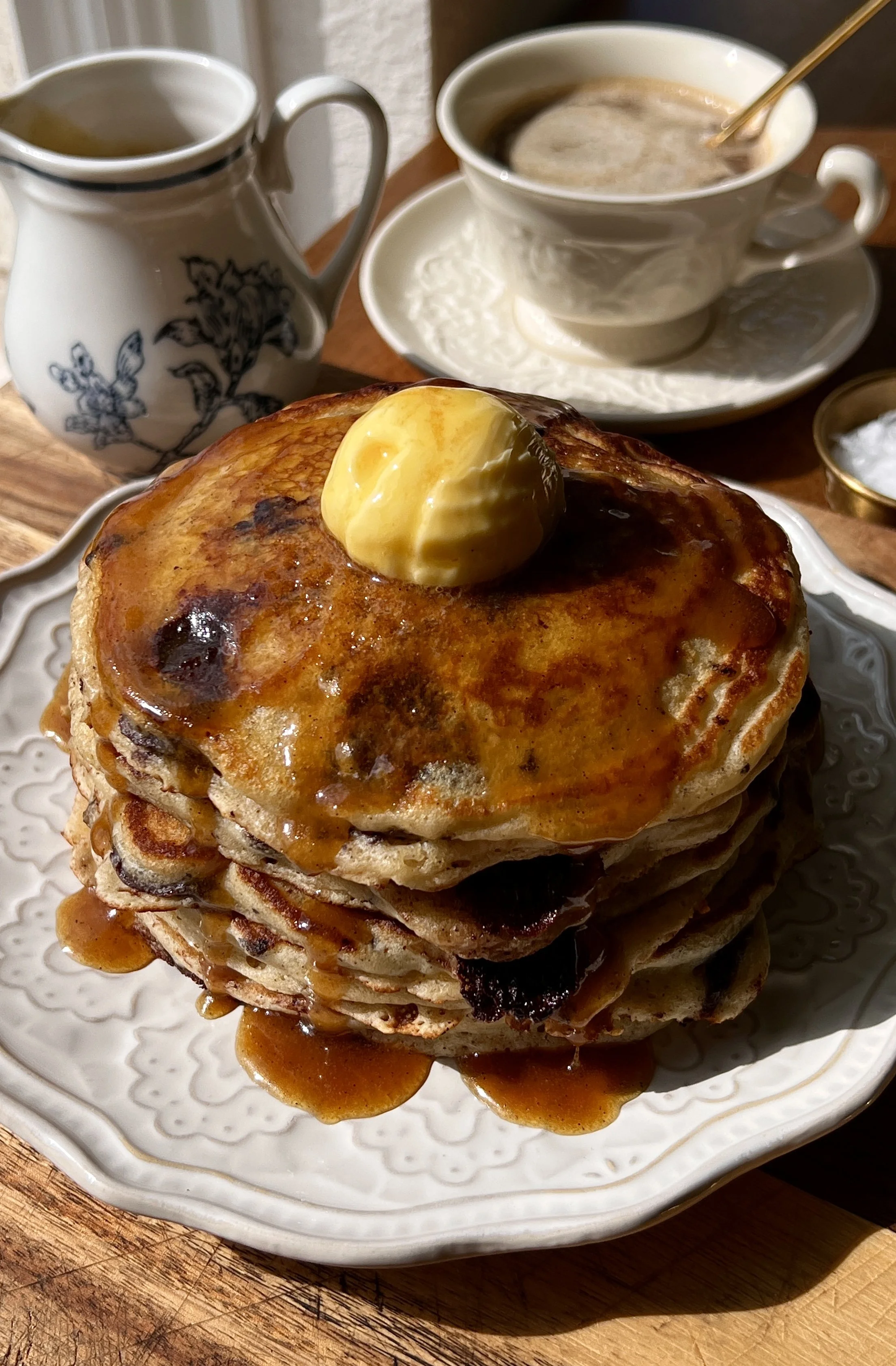 Brown Butter Chocolate Chip Pancakes with Maple Espresso Buttermilk Syrup