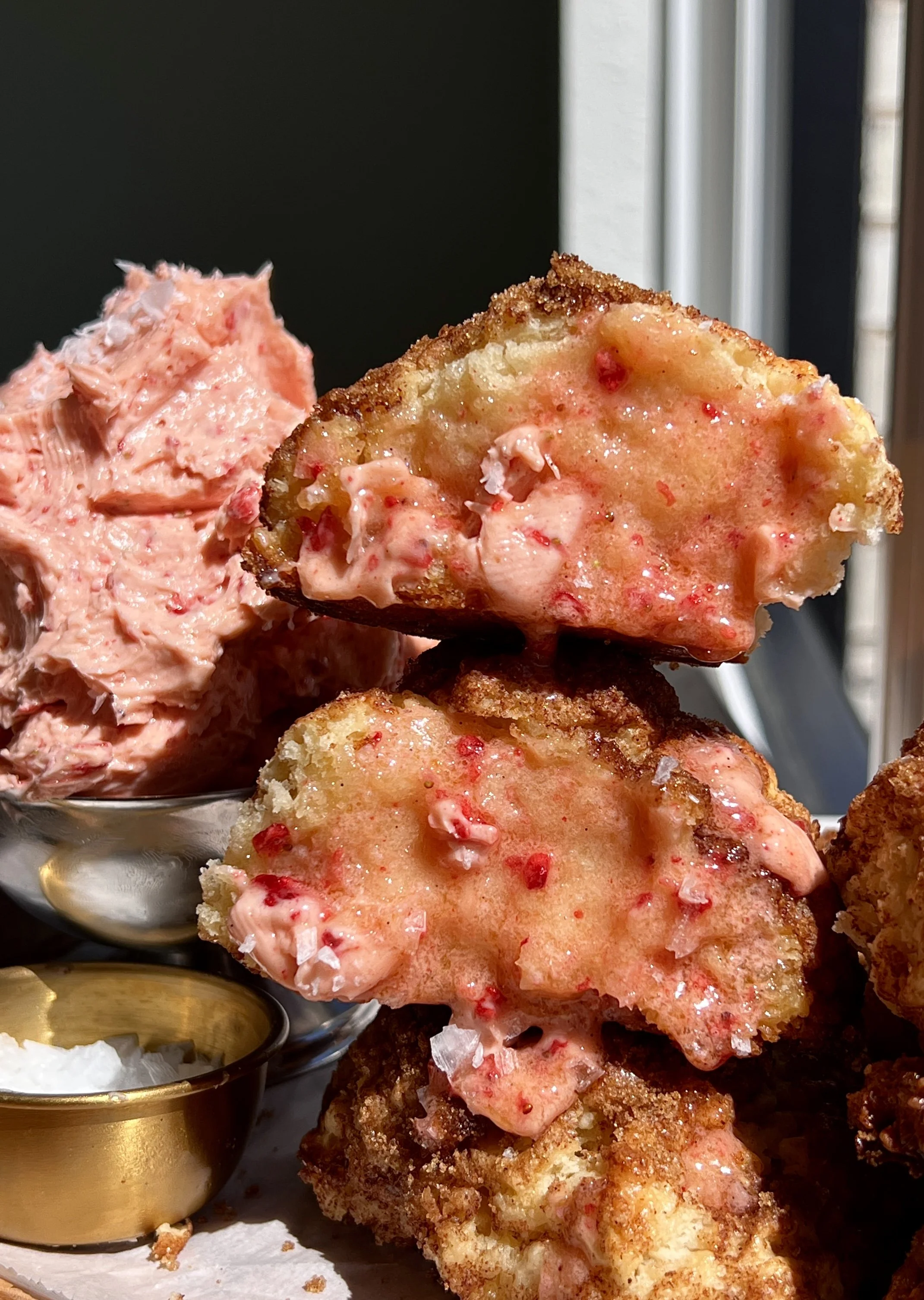 Cinnamon Crunch Sourdough Cathead Biscuits with Whipped Strawberry Honey Butter