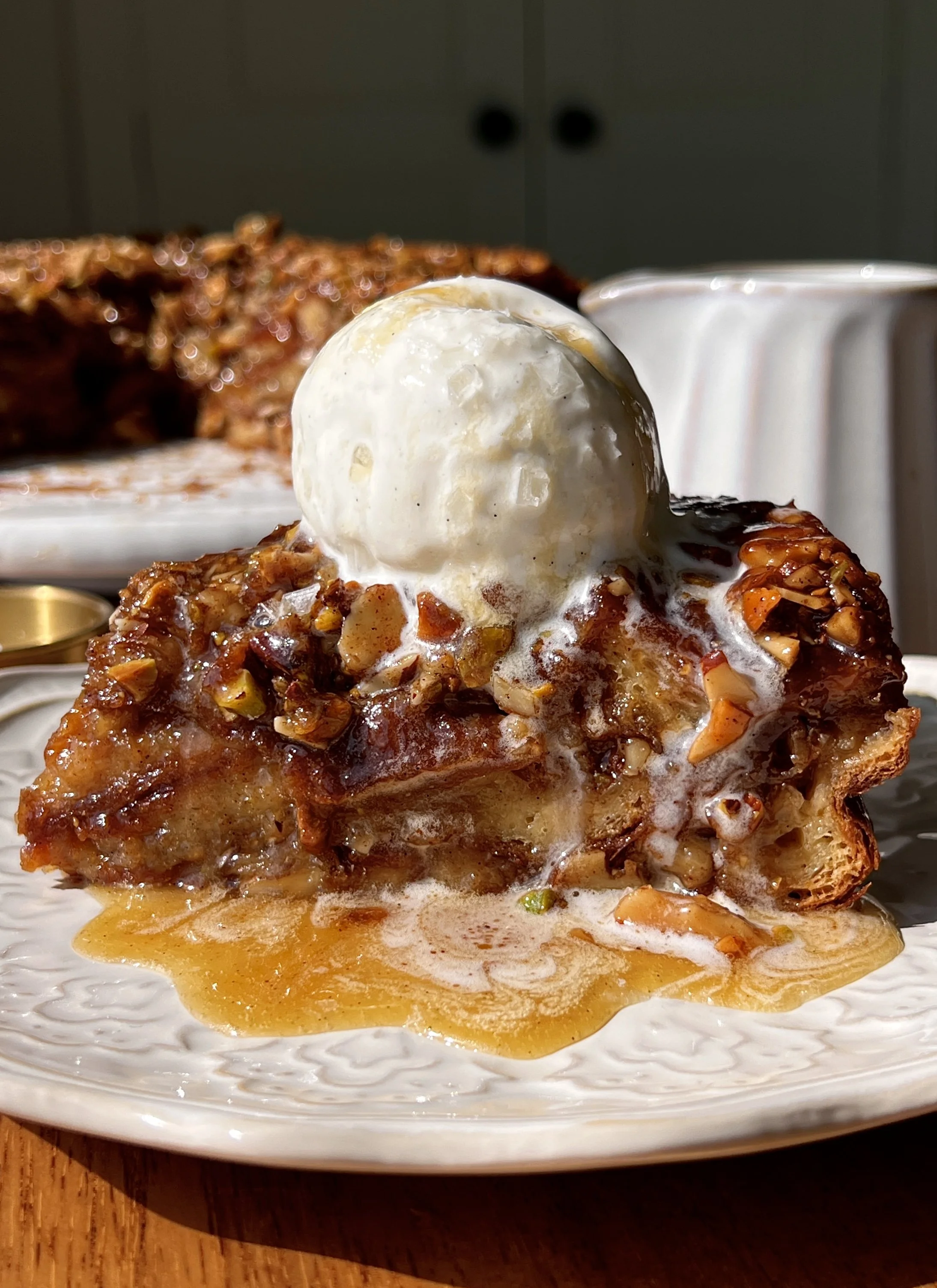 Baklava Croissant Bread Pudding (with Honey Buttermilk Syrup)