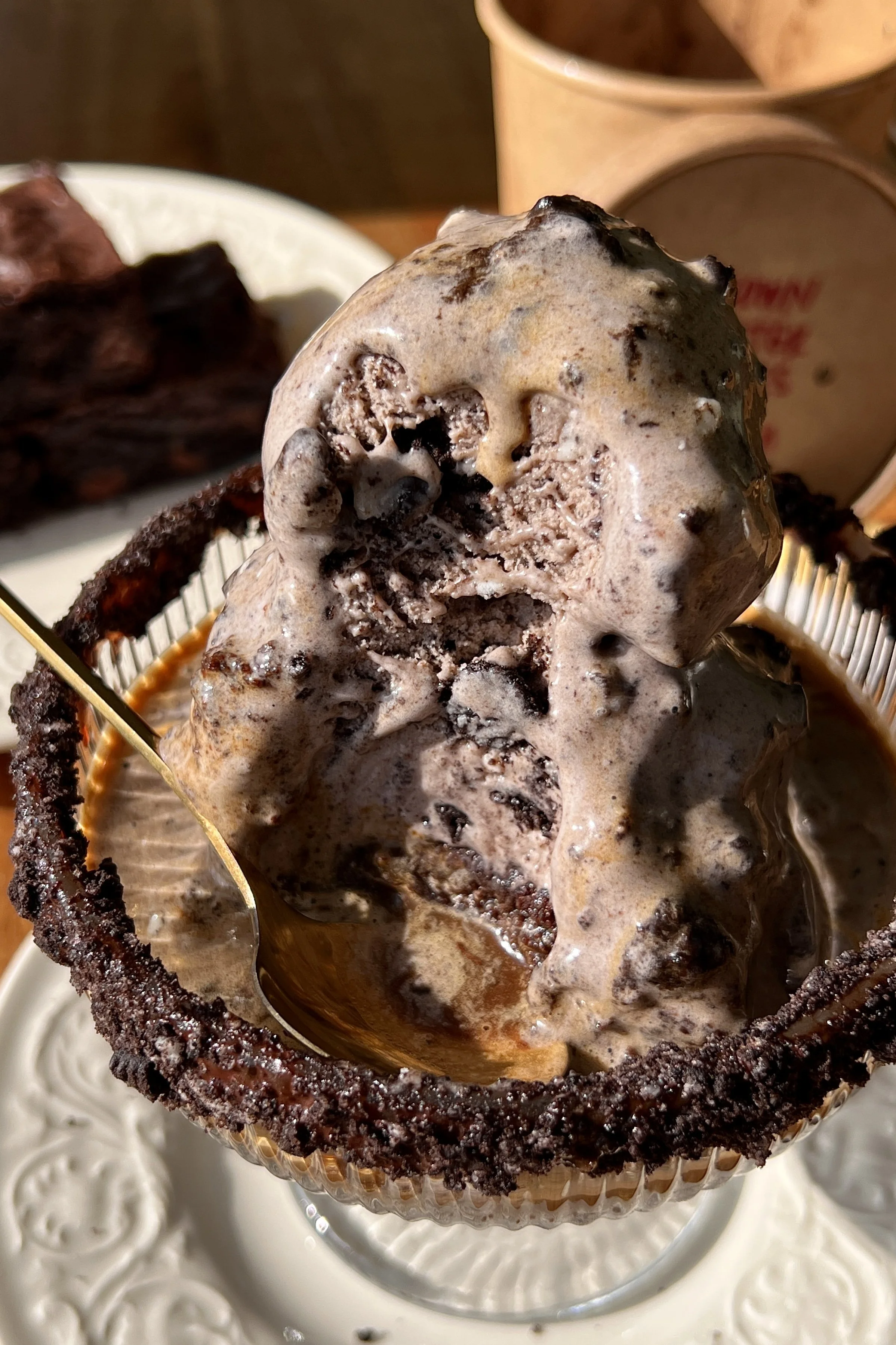 Close-up of rich and creamy brown butter cookies and cream ice cream with bold Oreo flavor and a warm nutty brown butter richness throughout.