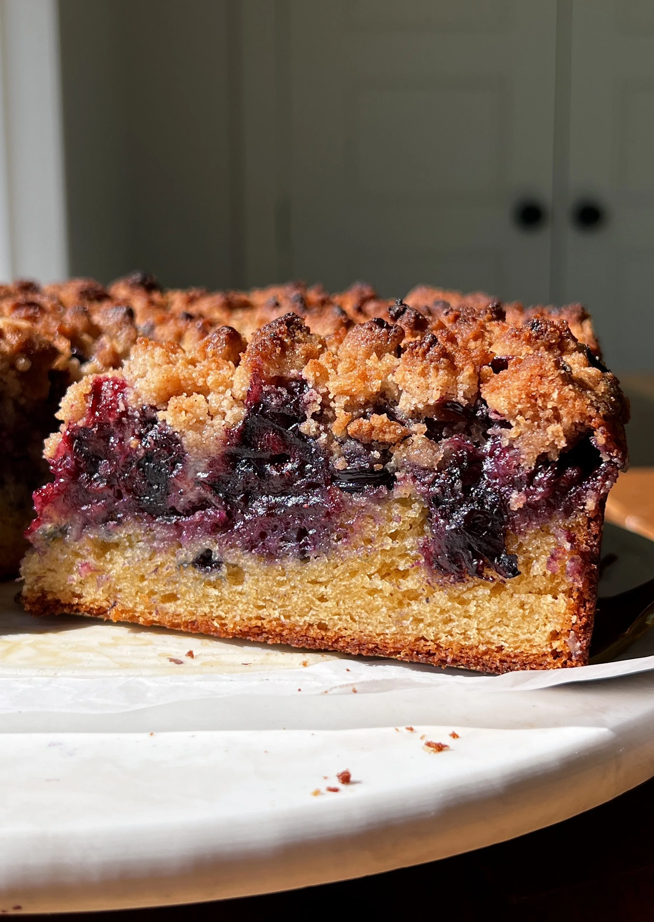 Slice of brown butter blueberry crumble cake showing the soft tender crumb, bright jammy blueberry layer, and golden buttery crumble topping served warm with a scoop of vanilla ice cream.