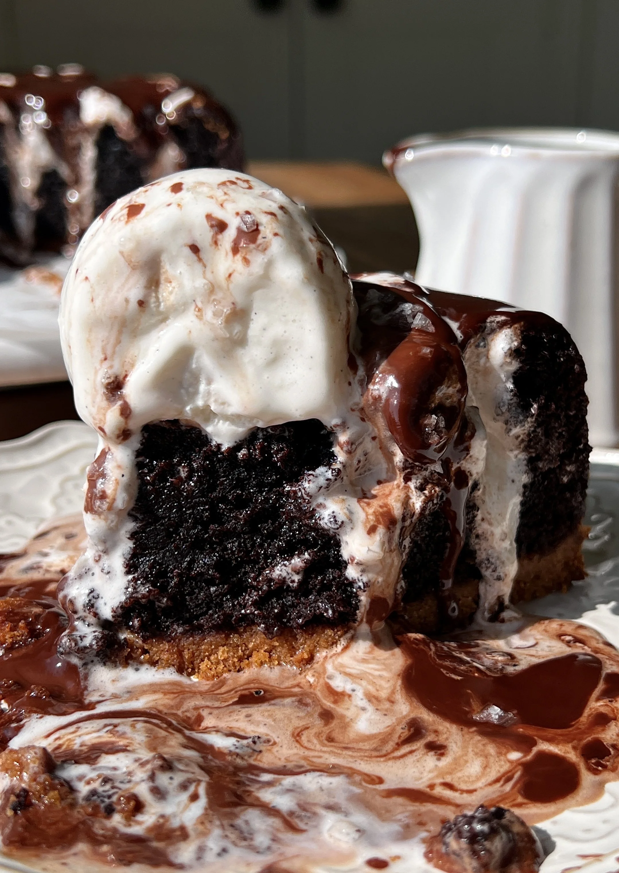 Close-up of a s'mores chocolate mud cake showing the rich and decadent soft and moist chocolate cake with marshmallow fluff piped throughout and a velvety chocolate ganache layer on top.