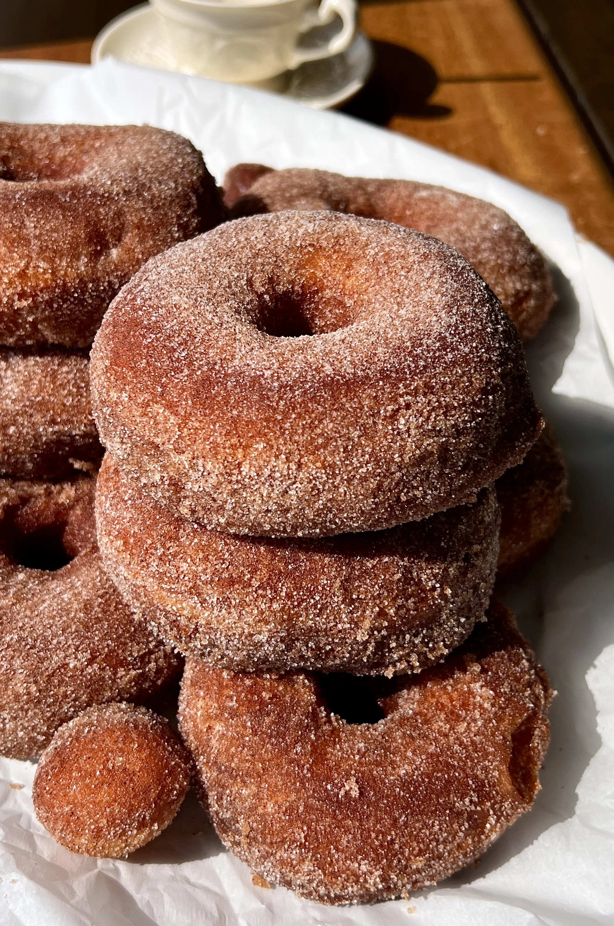 Cinnamon sugar milk bread donuts with a pillowy soft interior and beautifully golden exterior served warm with a hot cup of coffee.