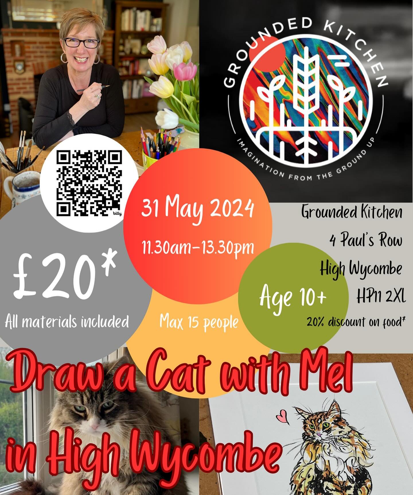 I am excited to announce that tickets are now on sale for my next Draw A Cat workshop at @grounded_kitchen_highwycombe 🖋️🐾&hearts;️ Use the QR code or go to the LinkTree in my bio. #drawacat #creativeworkshop #highwycombe #artistlife #art #grounded