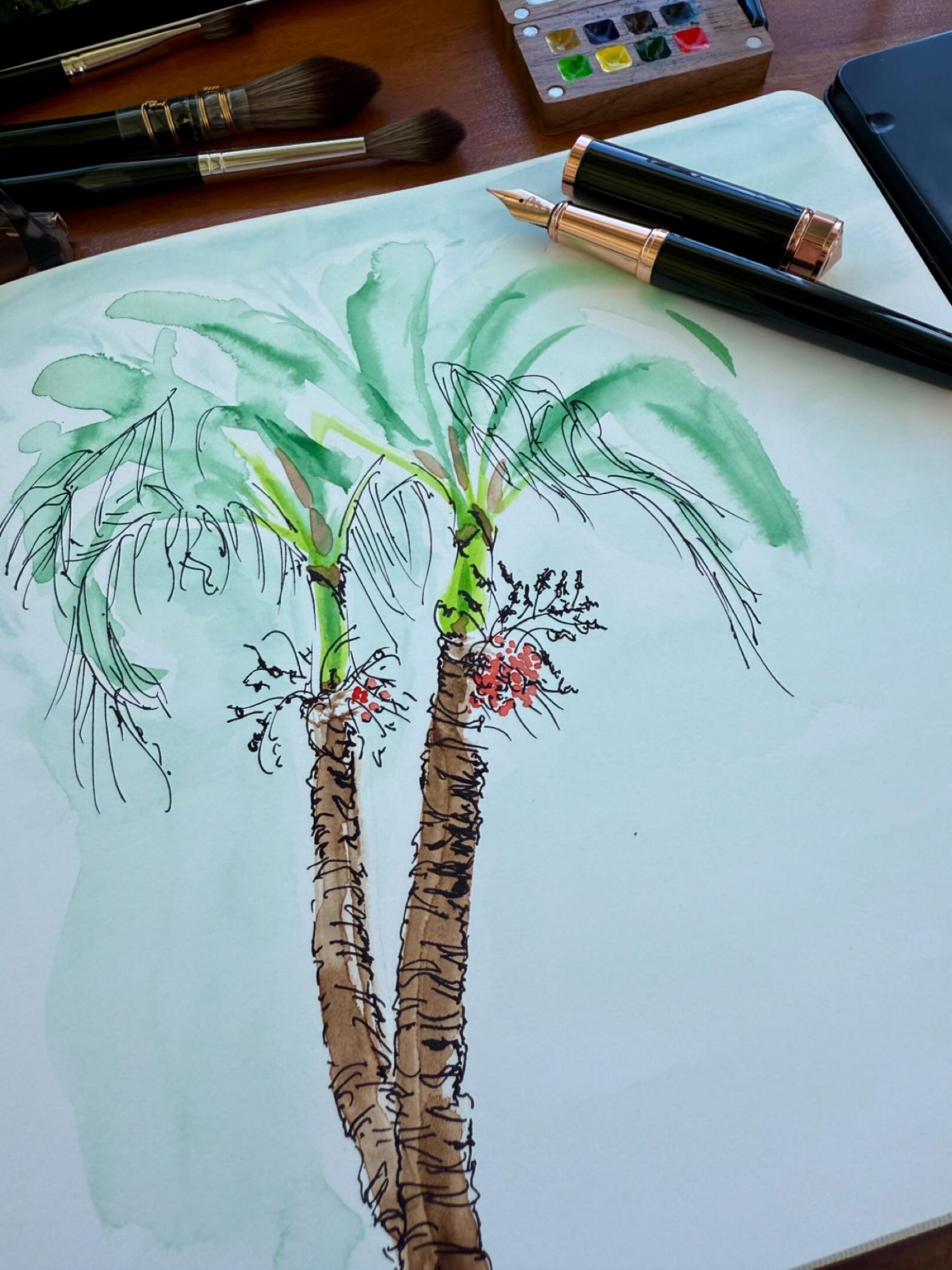 Palm trees work in progress using watercolour and ink pen 🖋️

AD | GIFT #inkdrawing with my @ellington.pens Midnight Rose Fountain Pen ✒️ 
https://www.ellingtonpens.com?sca_ref=9767760.Of7LHhV89uTAOti or use discount code MELANIE9767760 🛍️
SAVE 30%