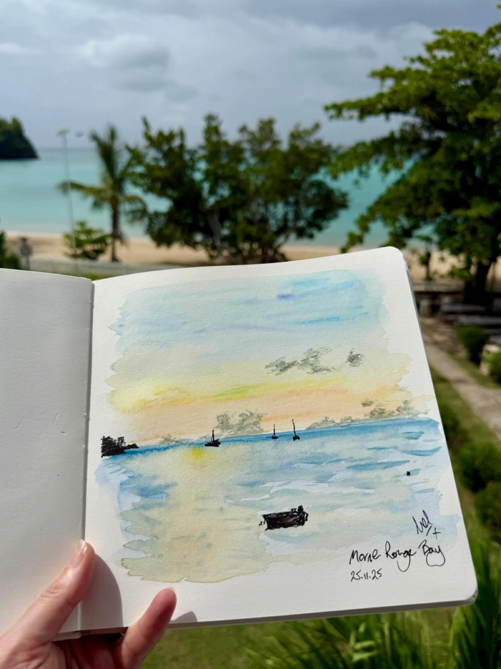 Watercolour and ink sketchbook landscape. #dailyartpractice #watercolourart #mornerougebay #holidaymemories