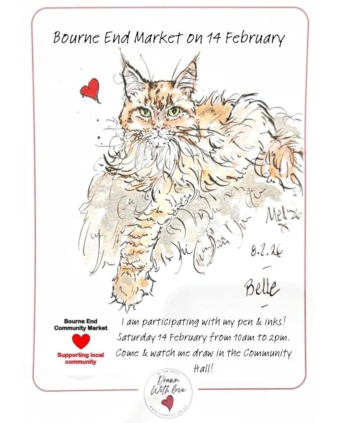 @becmarket on Saturday 14 February - I&rsquo;m participating! Come and say hello 👋🏻 I drew this beautiful Maine Coon last weekend at the International Cat Show 🖋️🐾&hearts;️ 

#catsandquotesartist #watchmedraw #inkandwashdrawing #becmarket #bourne