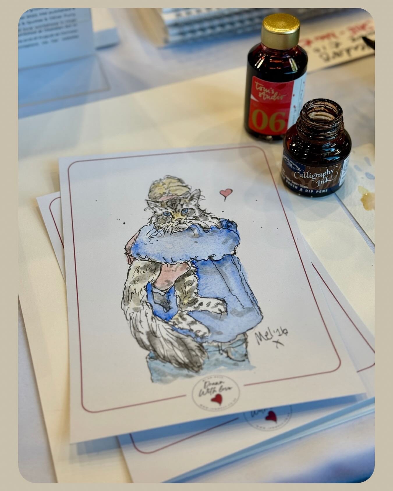 Finished a drawing at @becmarket last Saturday. I&rsquo;ll post a #watchmewrite video soon. Keep looking back! #catsandquotesartist #inkandwatercolour #catillustration #becmarket