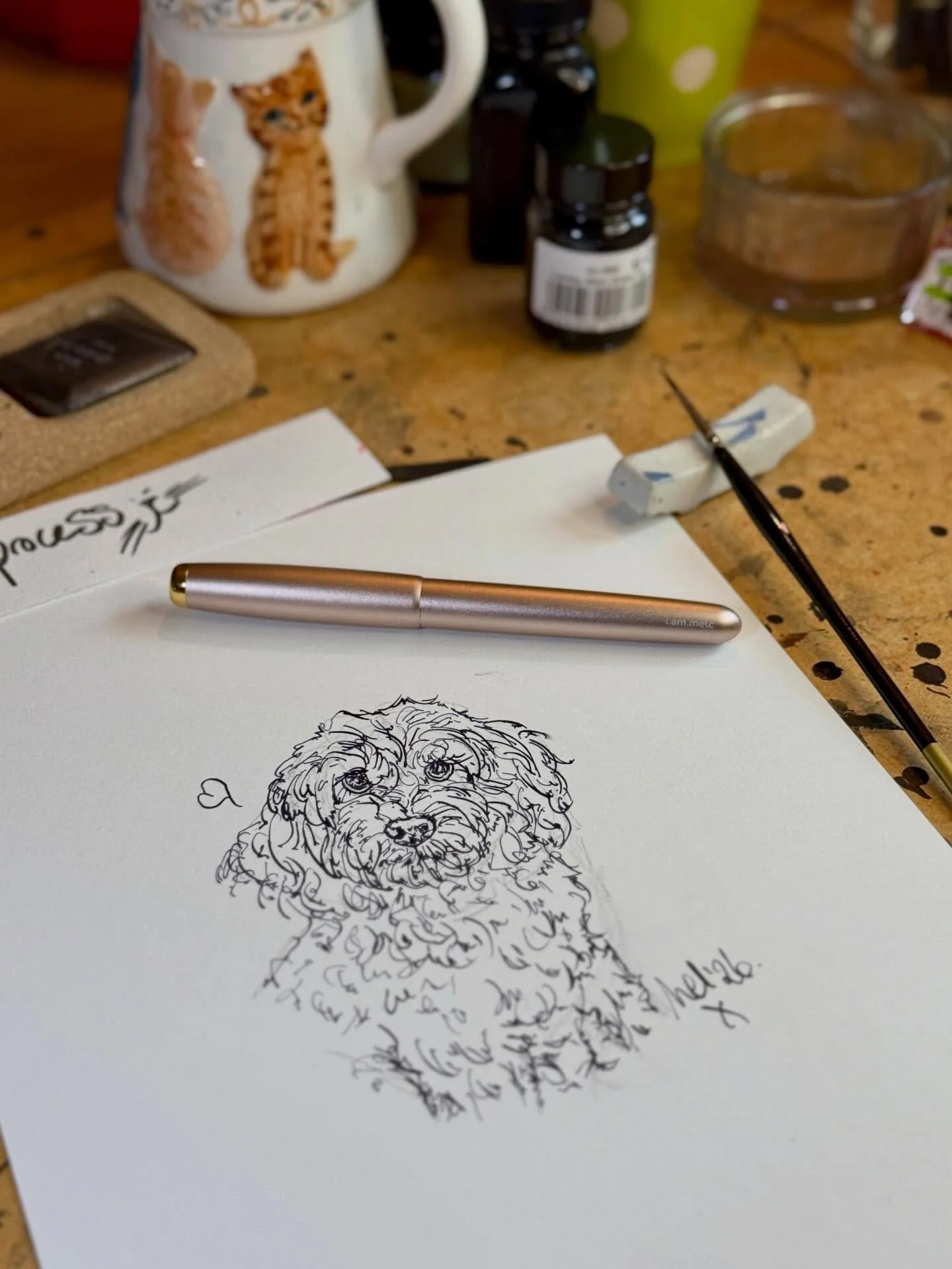 A little pawtrait I am working on as part of a random act of kindness giveaway! And the first trial of a new Titanium Flex nib for my @tomsstudio fountain pen. It went quite well. What do you think?

#petportraitart #fountainpenart #drawingwithink #r