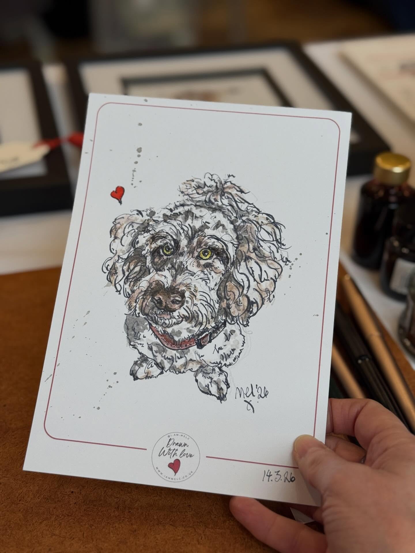 This was a mini commission I did at @becmarket last weekend 🖋️🐾&hearts;️ Thank you @butonestring for trusting me with your Mother&rsquo;s Day illustration of Officer Dibble 🐶

#inkillustration #petportrait #petartist #inkandwash #dogart