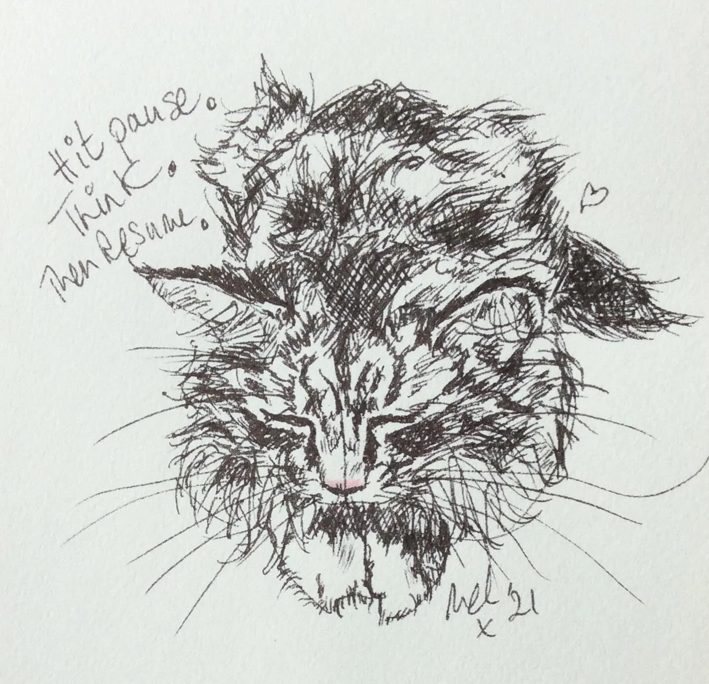 ✨ hit pause, think, then resume ✨

Rolling back to 2021 for #tbt - this is one of my first sketchbook doodles, kicking off my &lsquo;cats &amp; quotes&rsquo; themed illustrations 🖋️🐾&hearts;️

#catsandquotesart #throwbackthursday #sketchbookart #in